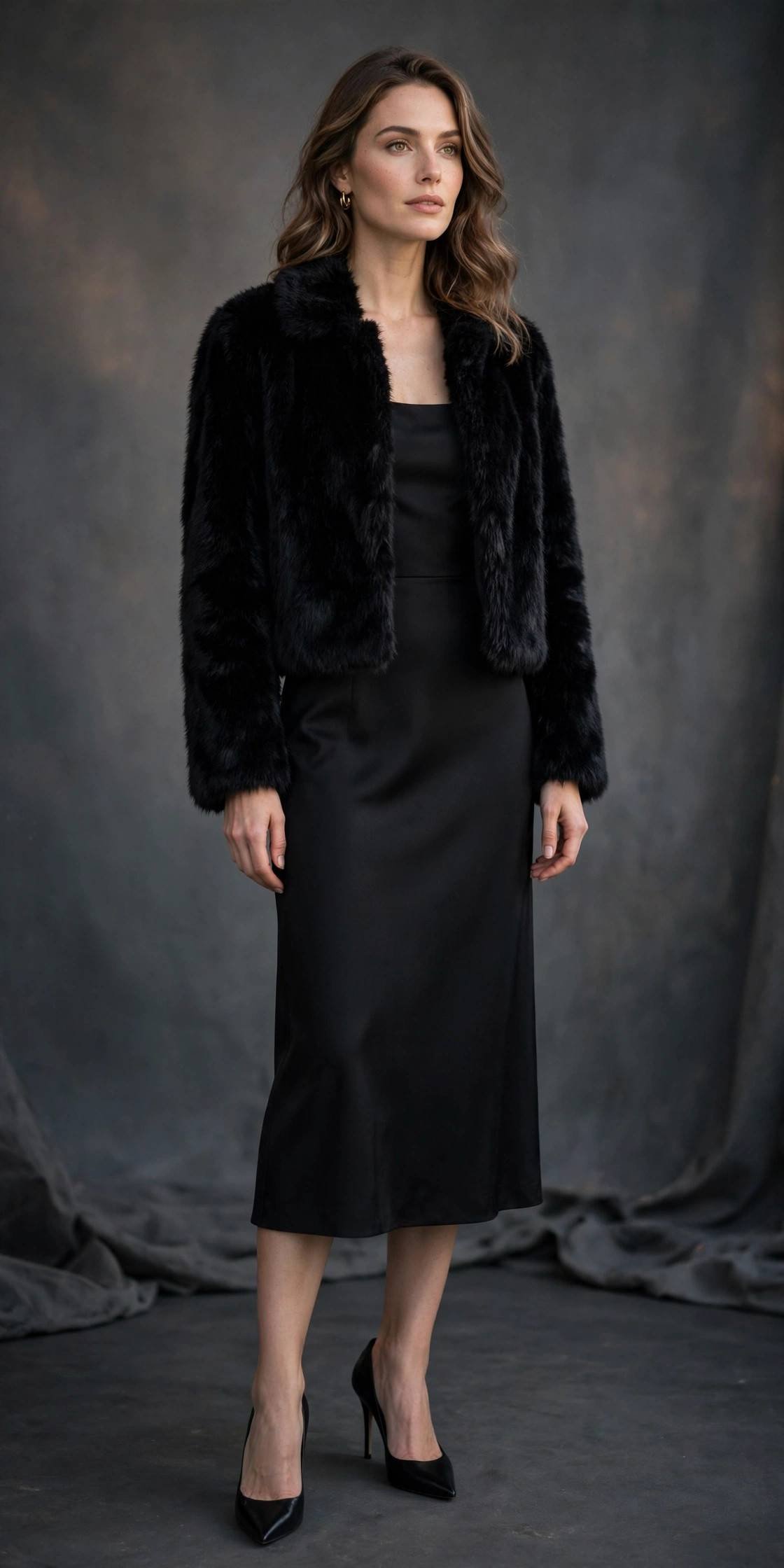 Woman in a black faux fur coat with a little black dress
