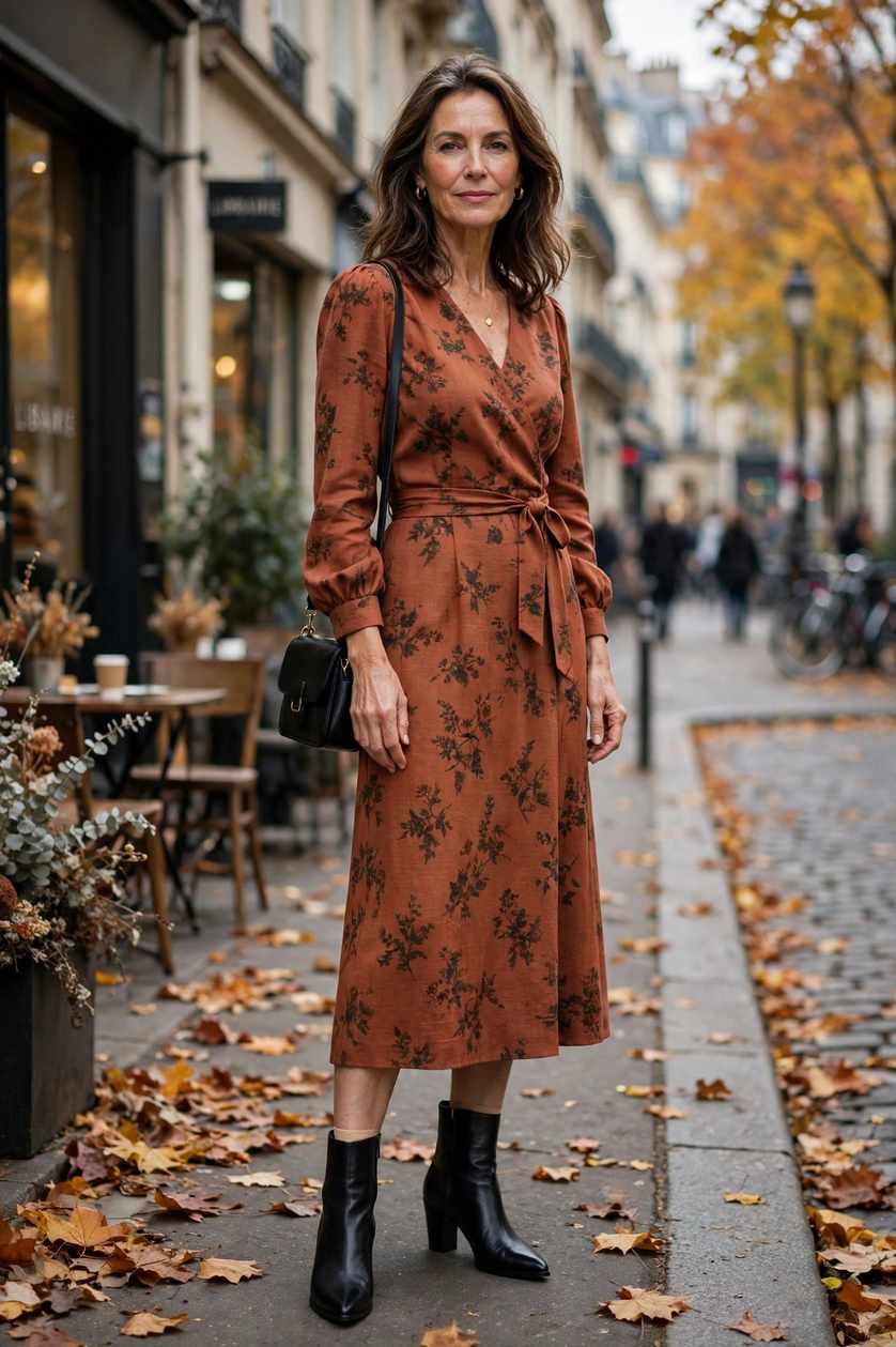 Confident woman in a chic black outfit and boots in an urban setting