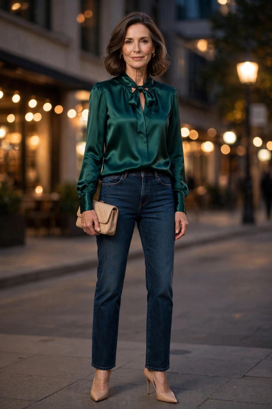 Stylish woman in white shirt and blue denim jeans