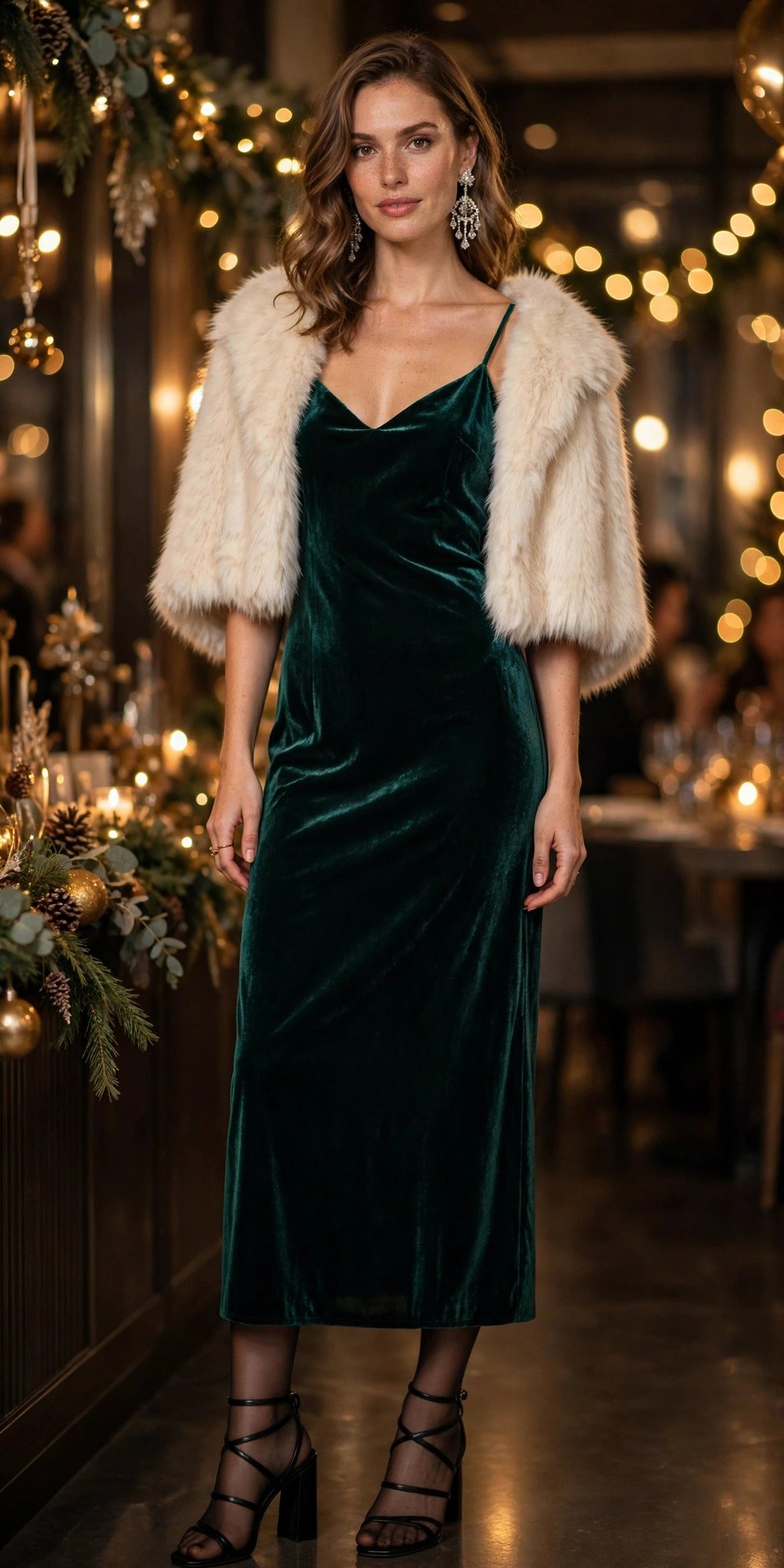 Woman in velvet dress with glowing bokeh lights