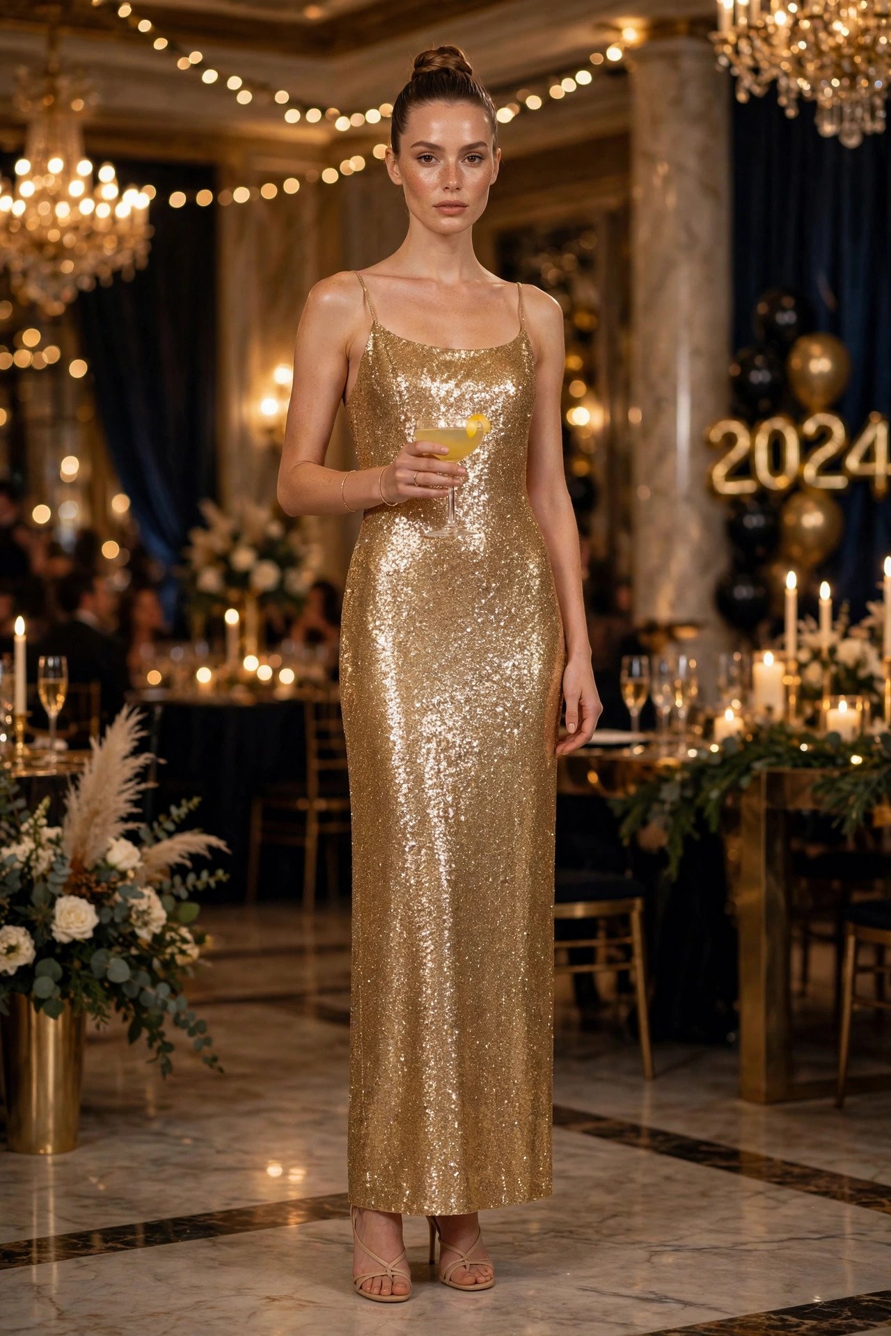 Woman in golden sequin dress holding cocktail at party