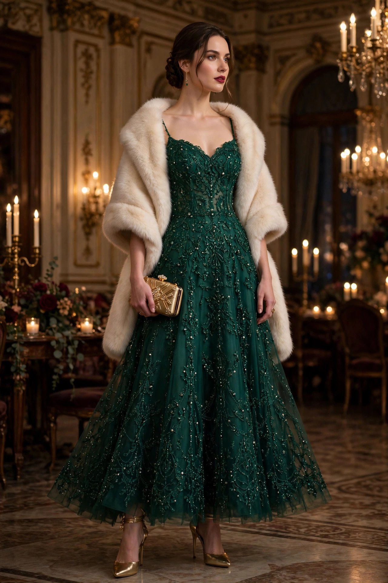 Elegant woman in green evening dress with beadwork