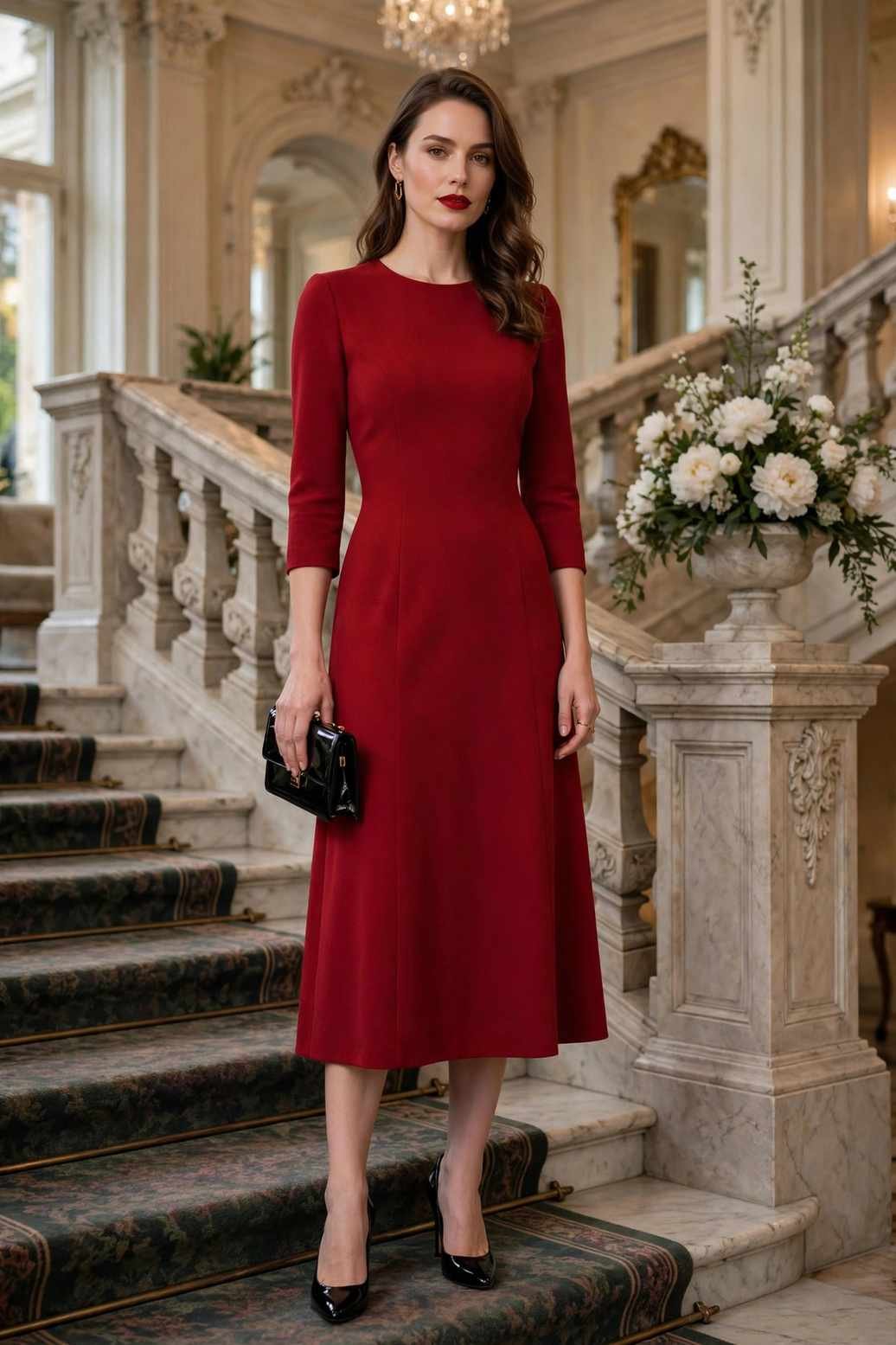 Elegant woman in red dress on staircase