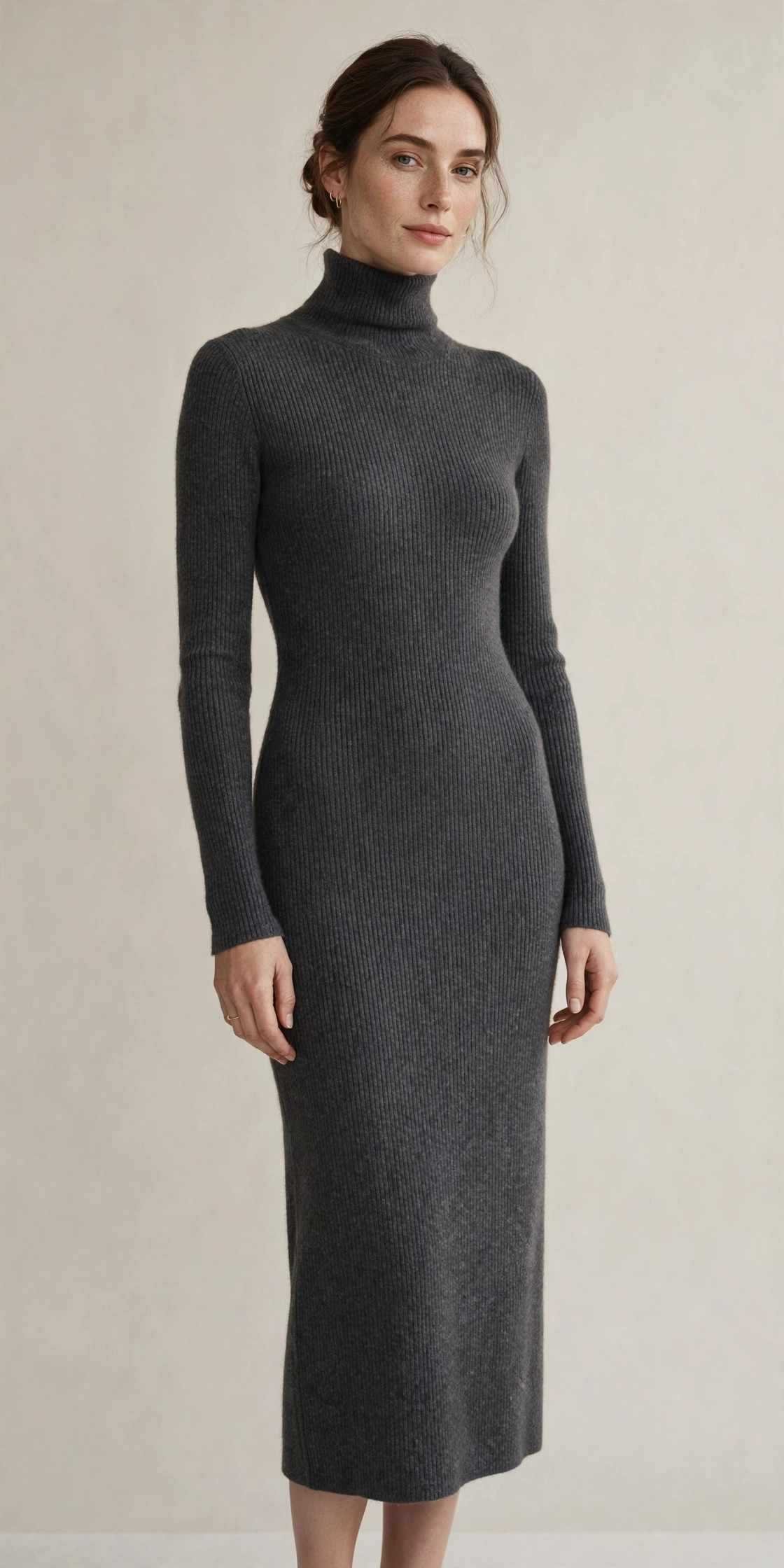Charcoal high-neck knit midi dress