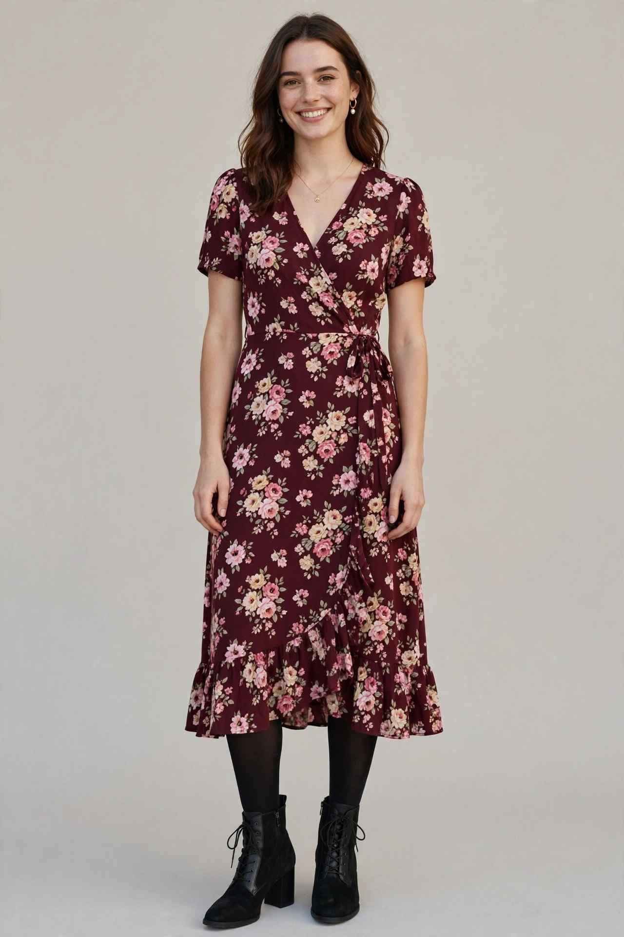 Burgundy floral tea dress with black tights