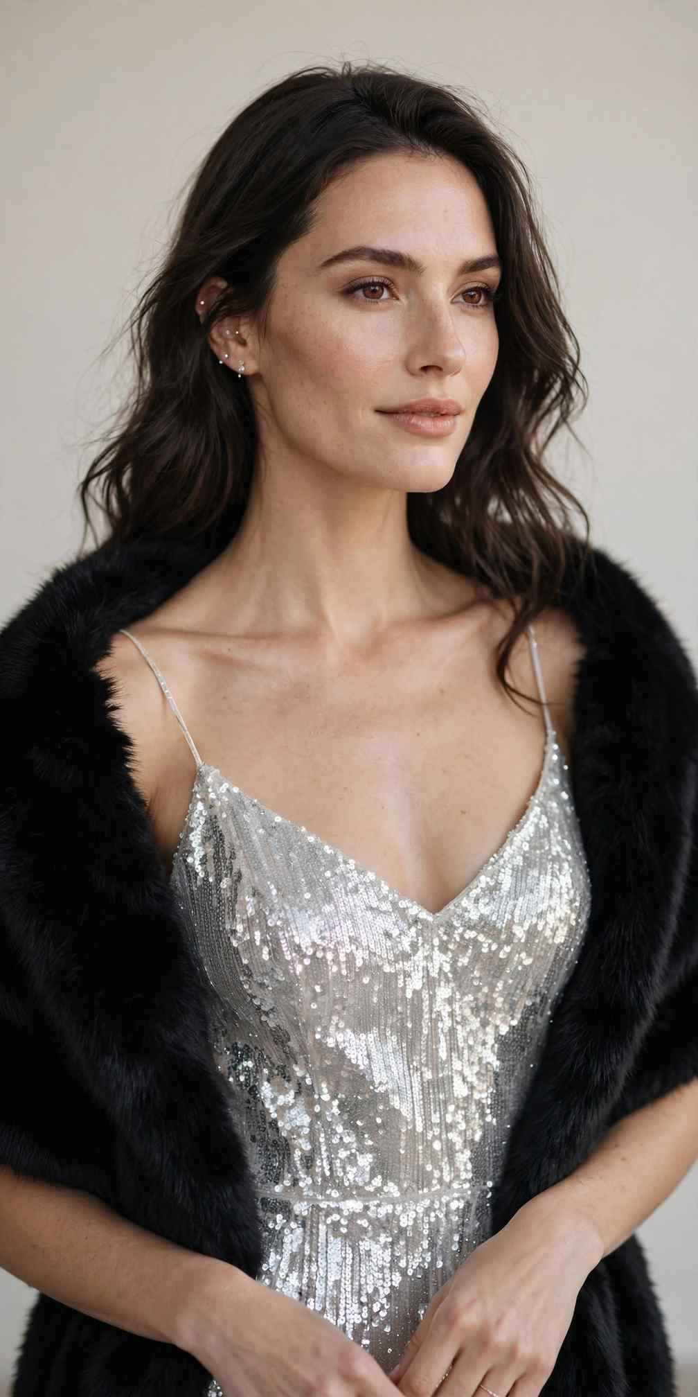 Silver sequin slip dress with black faux fur stole