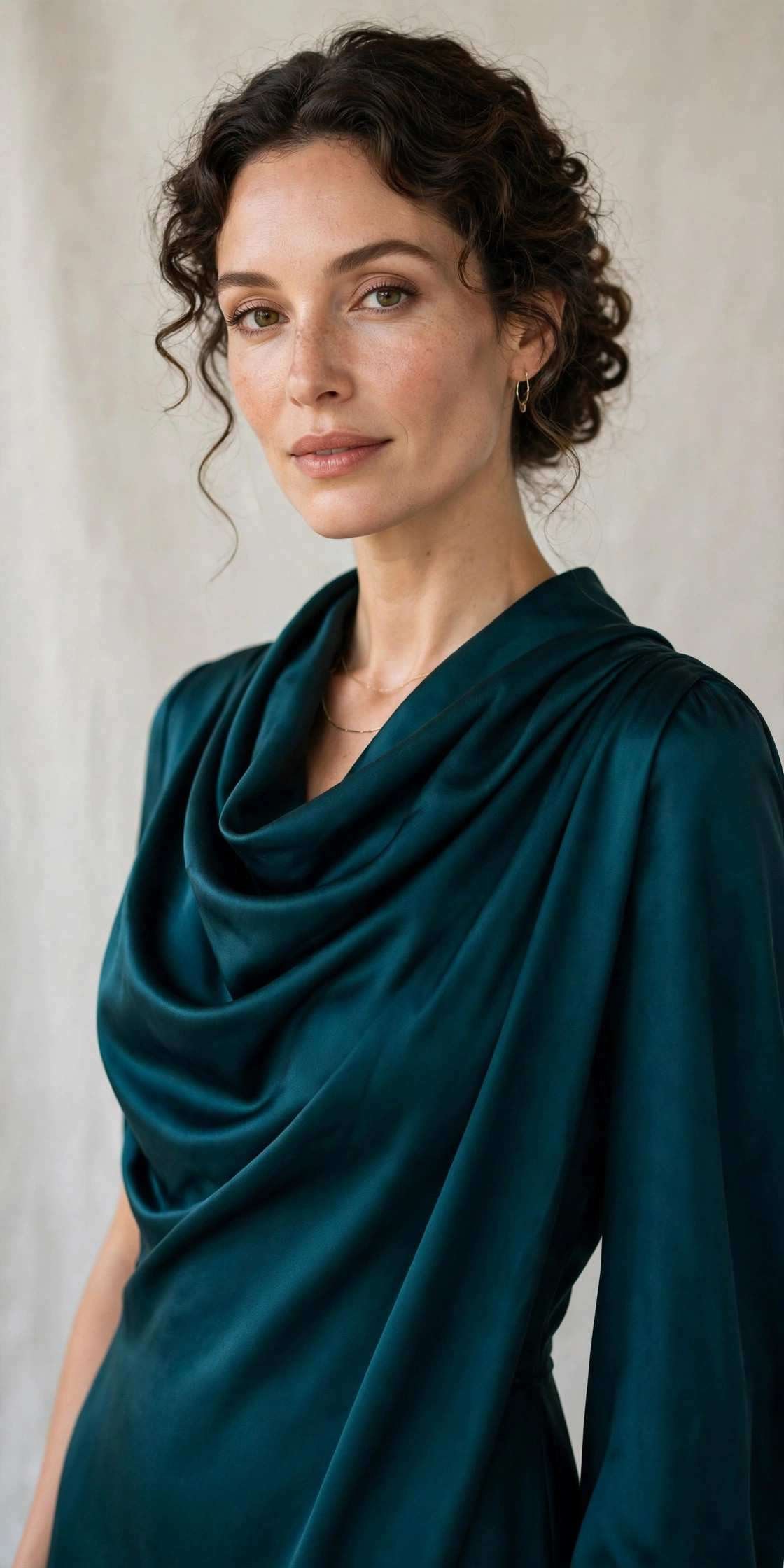 Deep teal cowl-neck midi dress