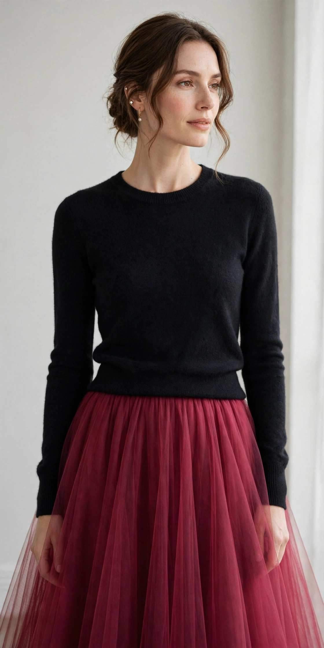 Cranberry tulle midi skirt with black cashmere sweater