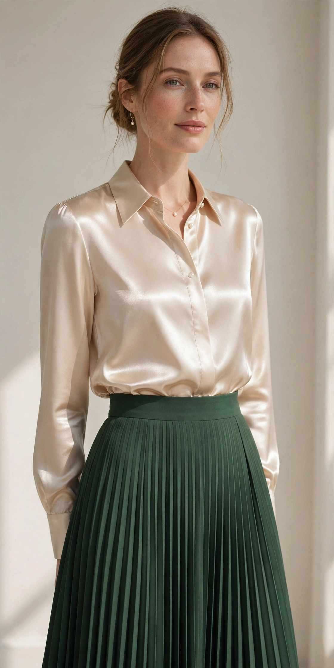 Hunter green pleated midi skirt with satin blouse
