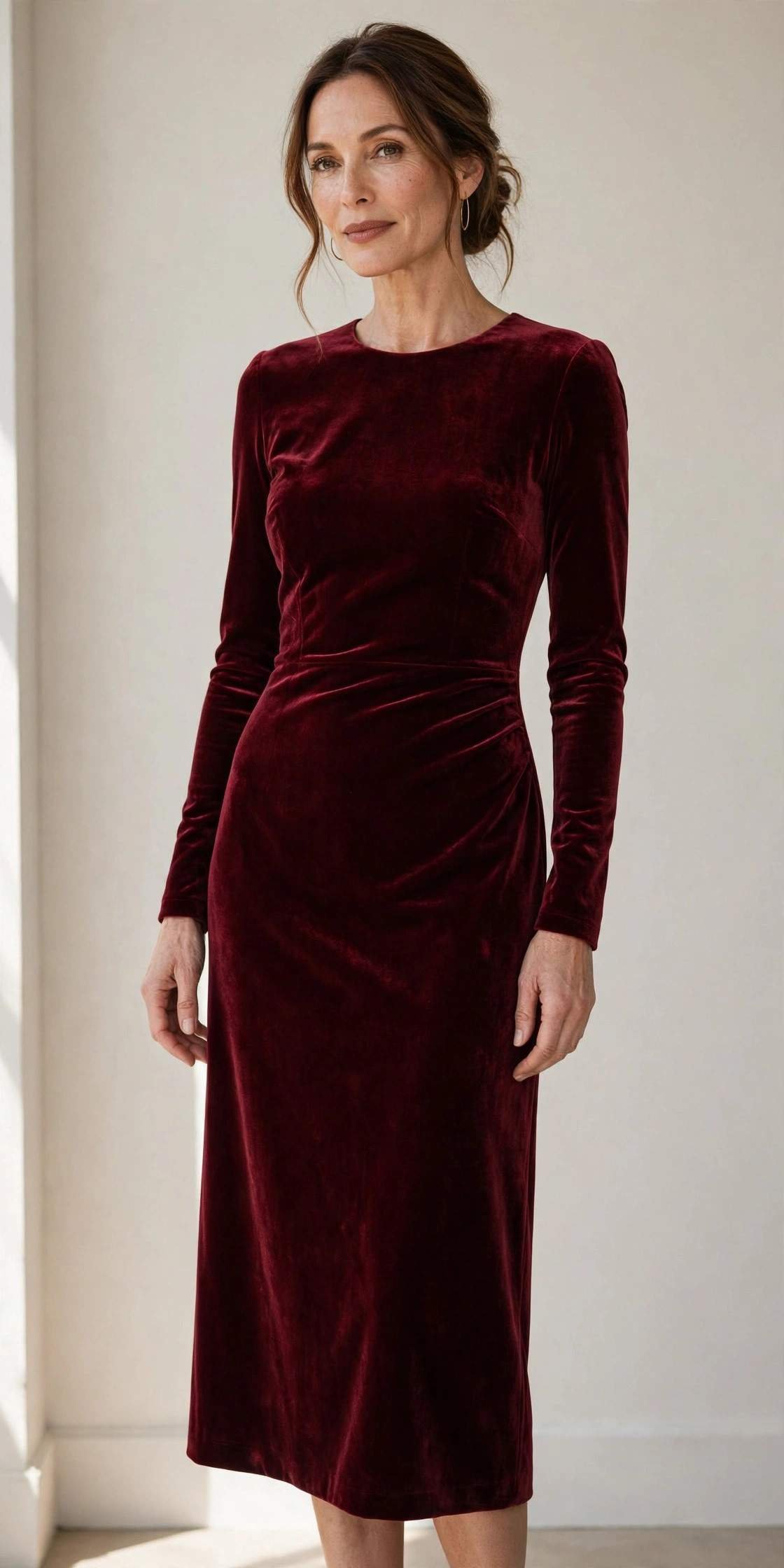 Burgundy velvet midi dress with sleeves