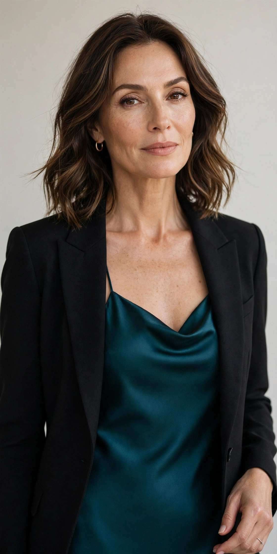 Deep teal satin slip dress with black blazer