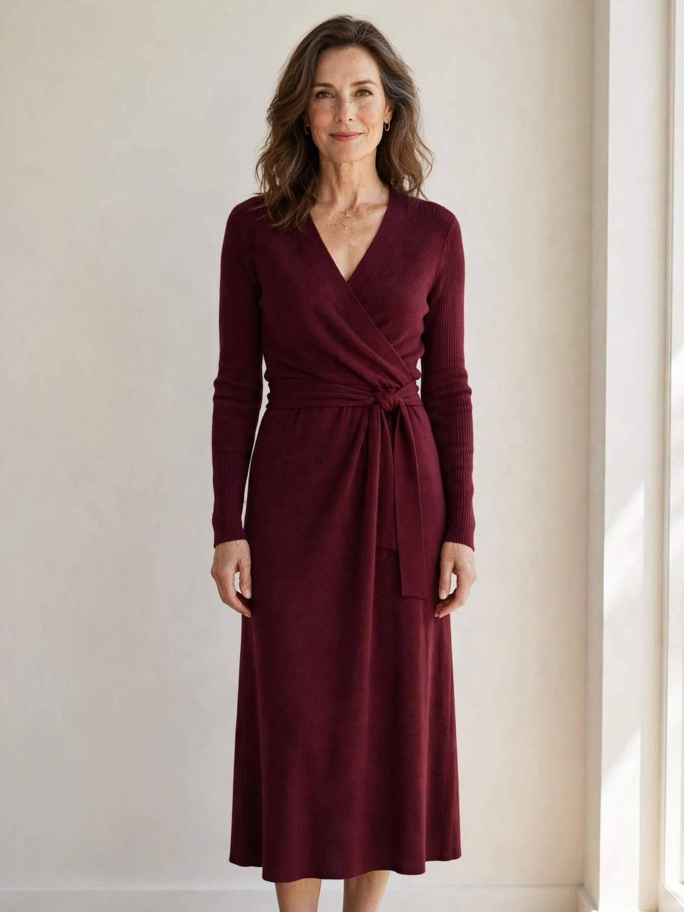 Burgundy knit wrap midi dress