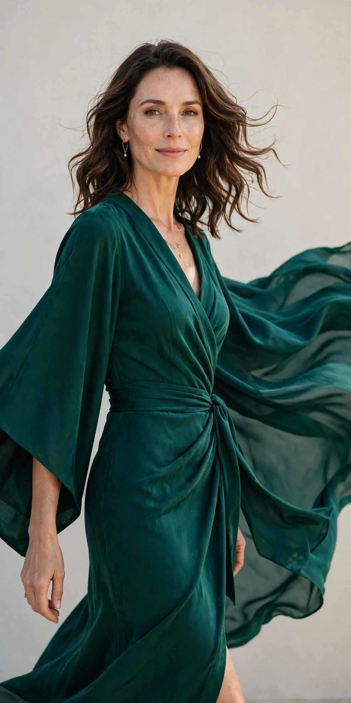 Emerald faux-wrap dress with kimono sleeves