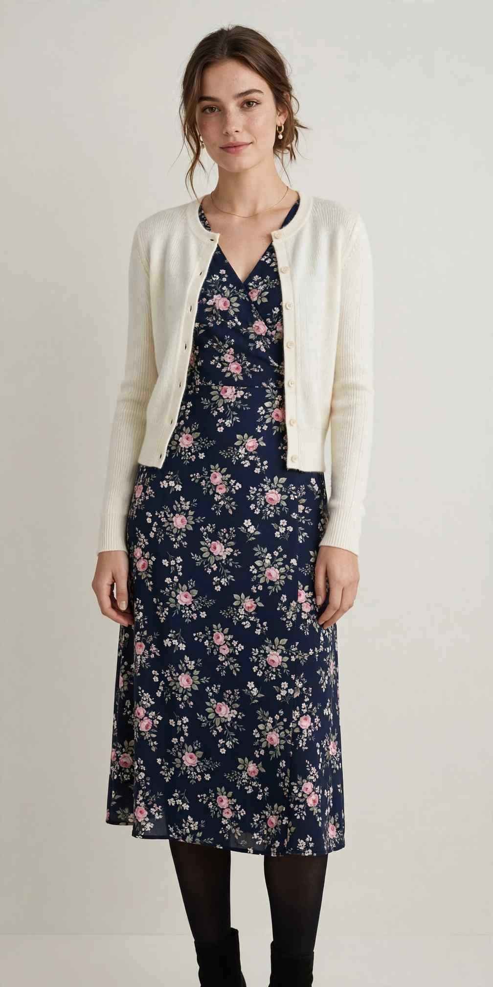 Navy floral midi dress with cardigan