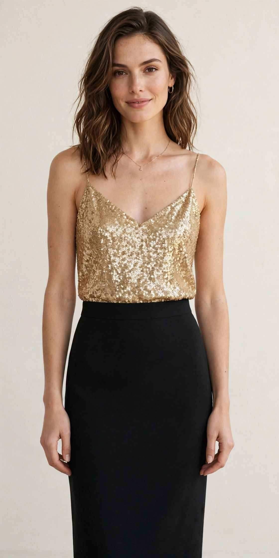 Gold sequin camisole with black midi skirt