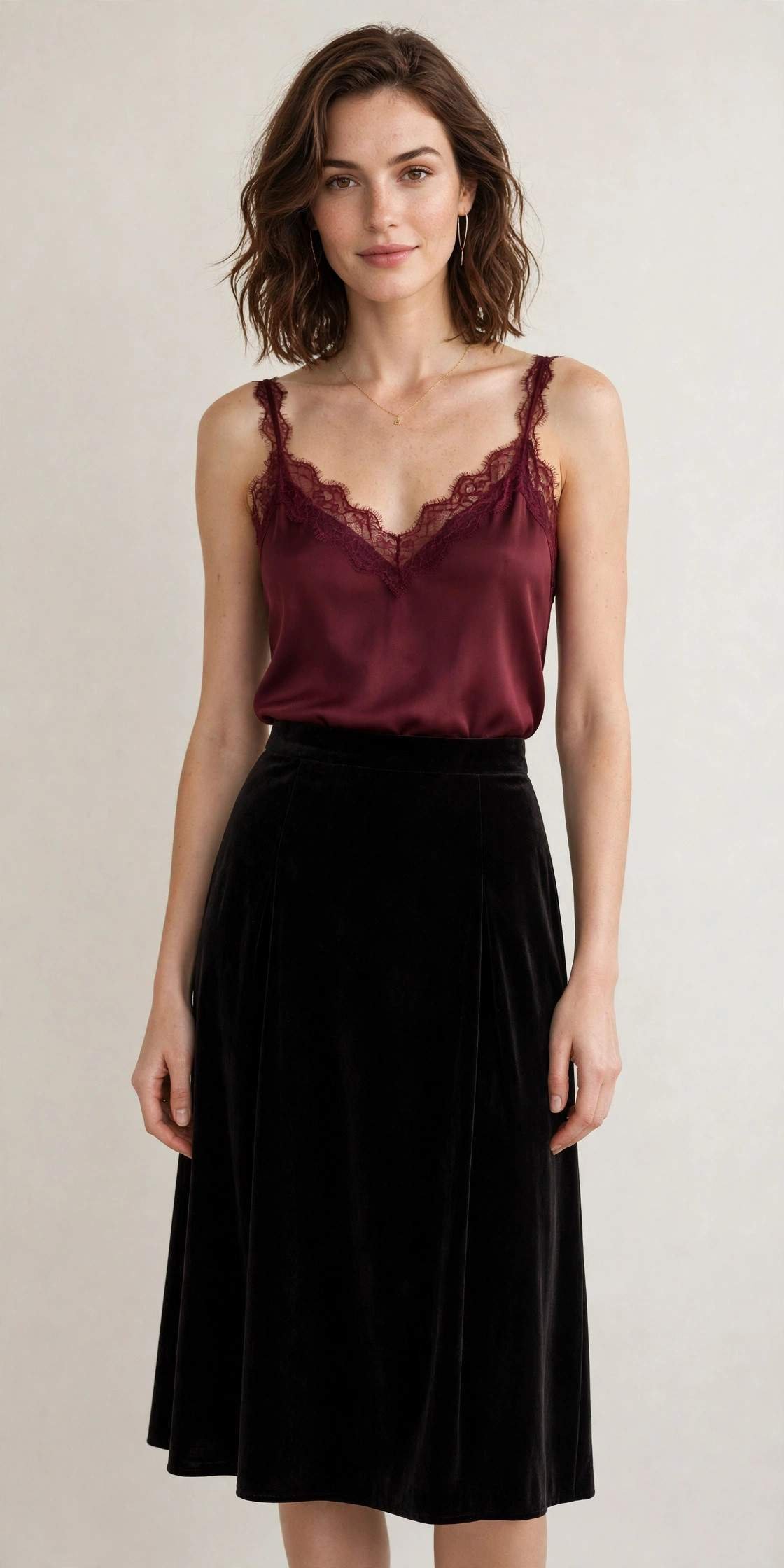 Black velvet midi skirt with lace-trim camisole