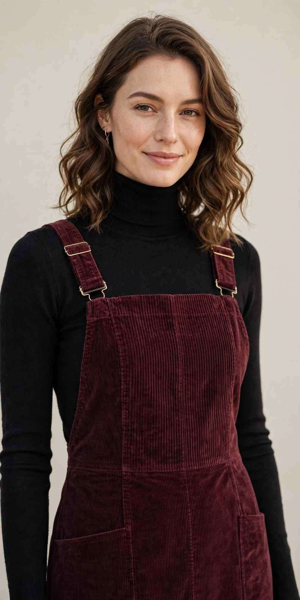 Wine corduroy pinafore dress with black turtleneck