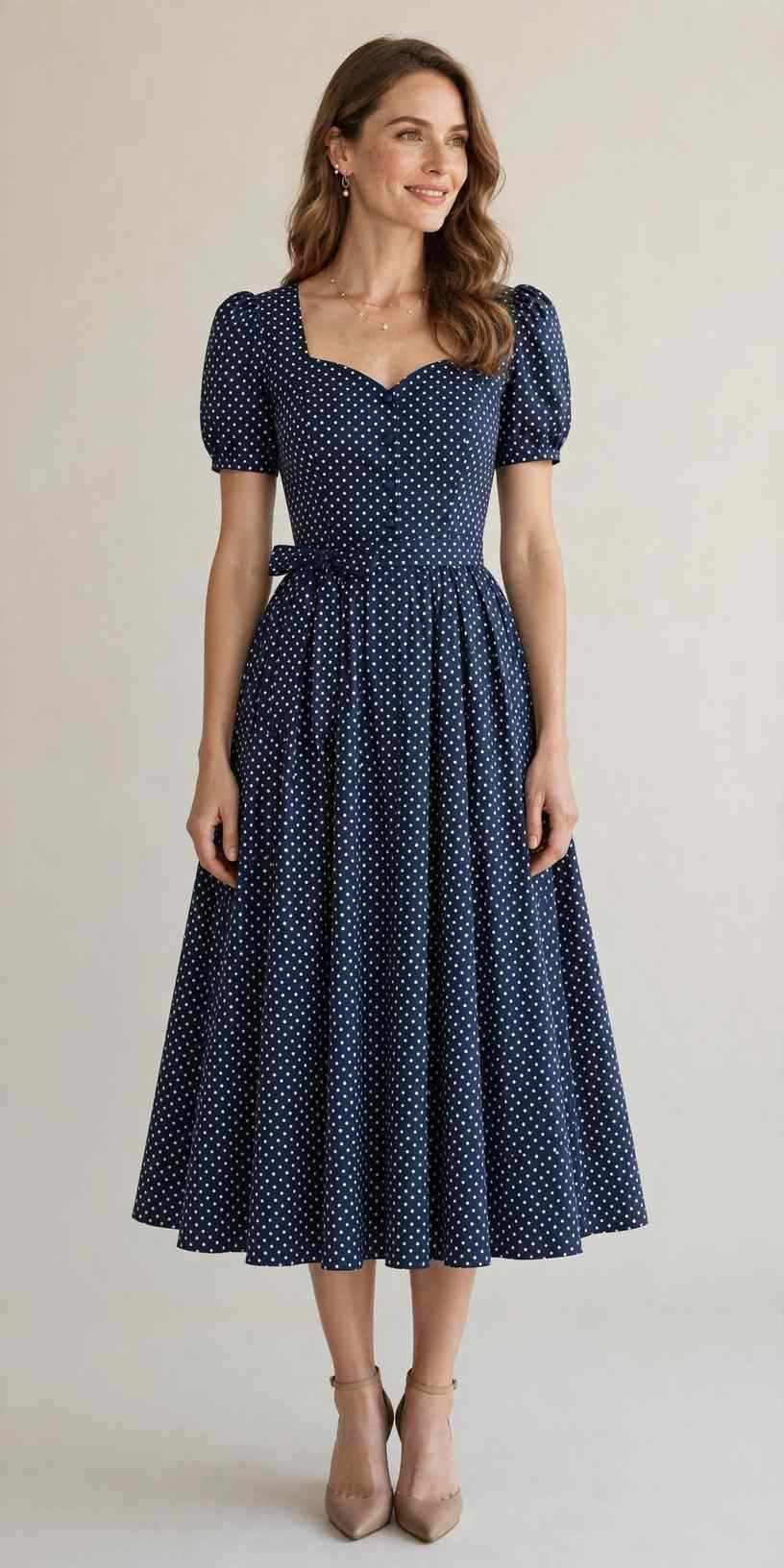 Navy polka-dot tea dress
