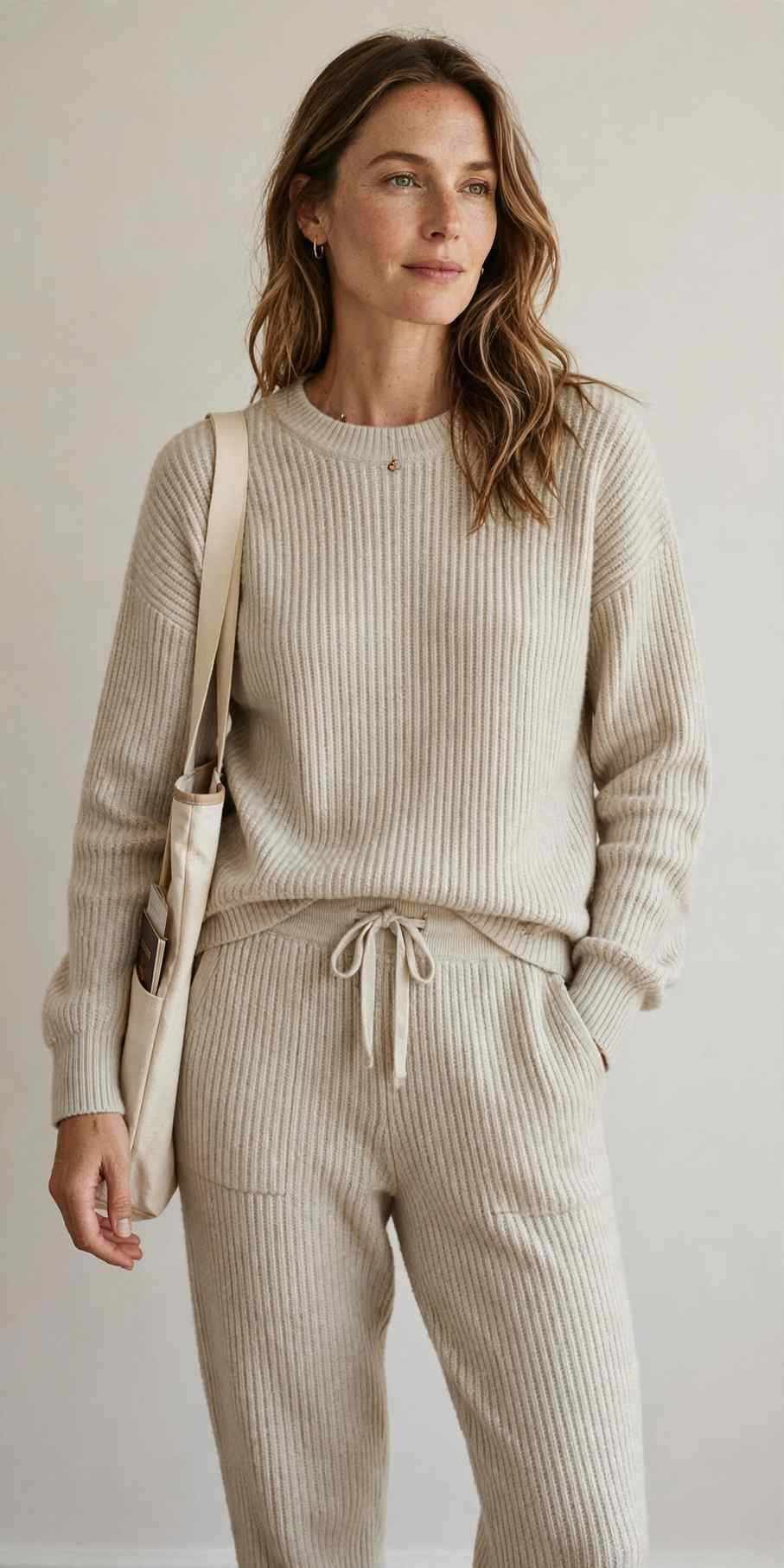 Matching beige knit loungewear set for travel