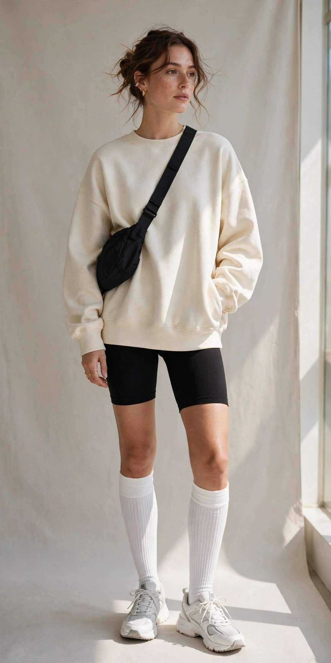 Biker shorts with oversized sweatshirt and sneakers