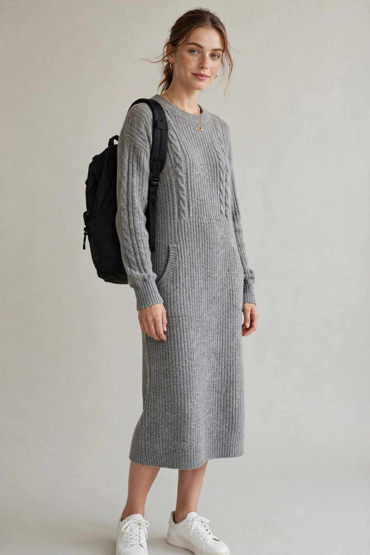 Midi sweater dress with white sneakers