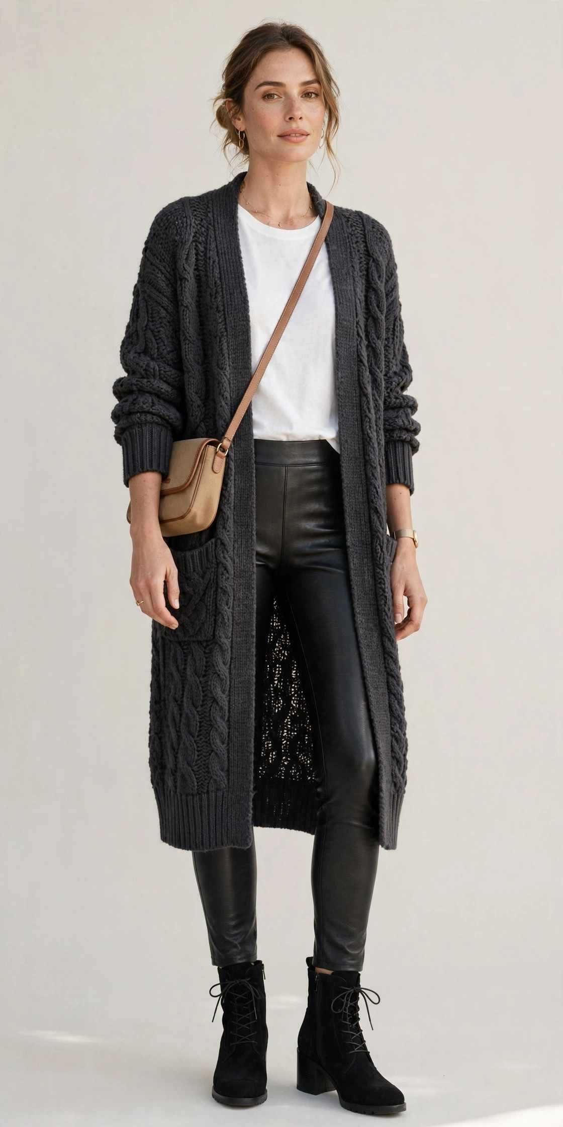 Faux-leather leggings with longline cardigan