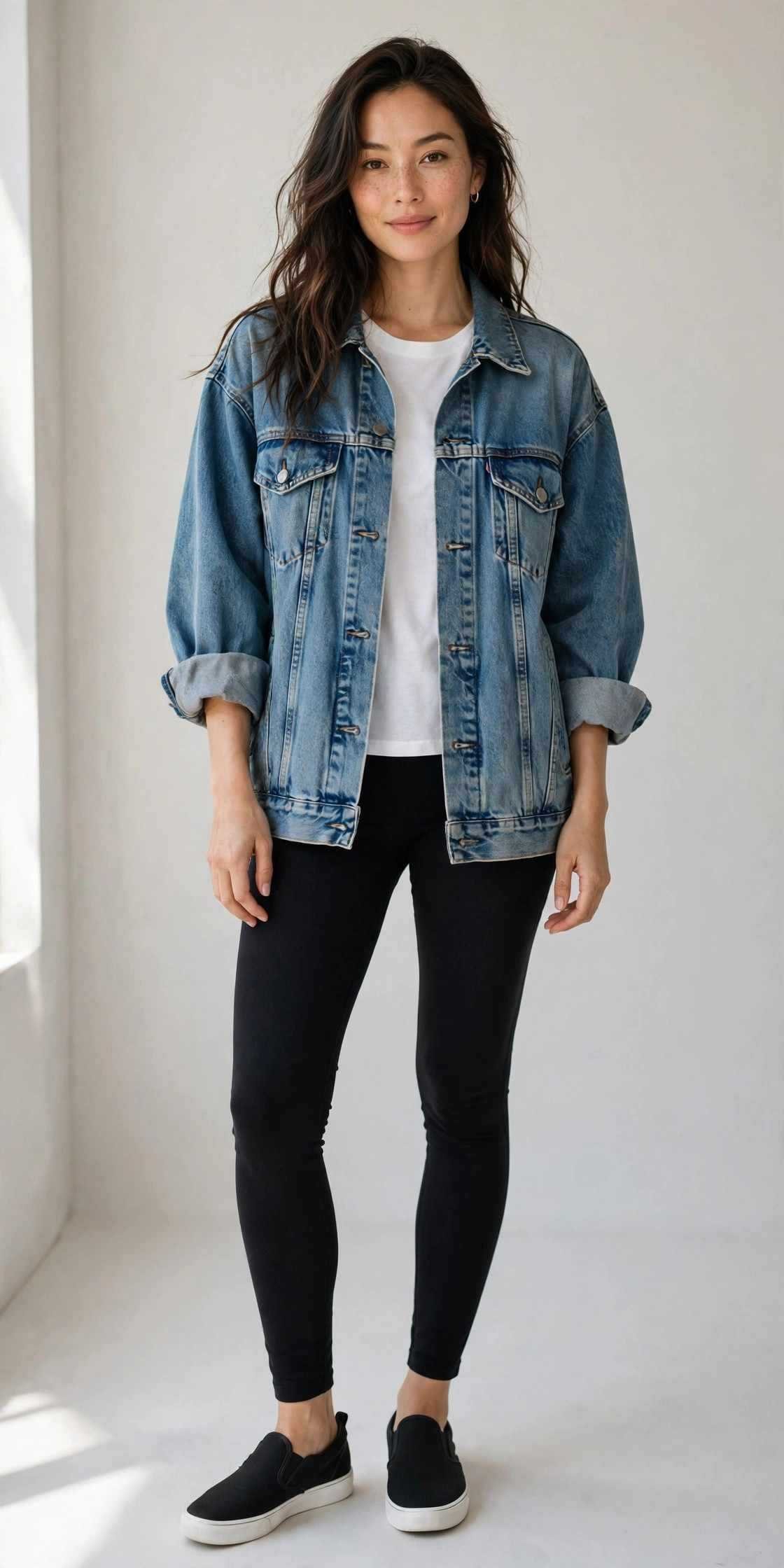 Denim jacket with black jeggings and slip-on sneakers