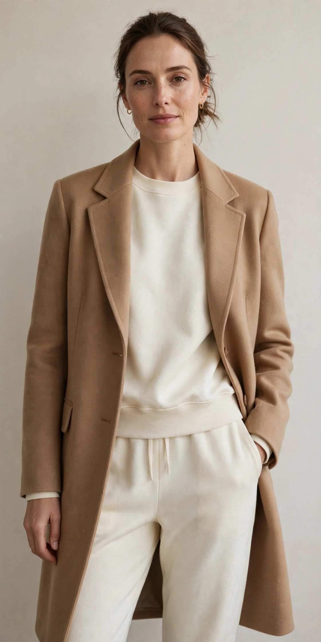 Cream sweatsuit with camel coat