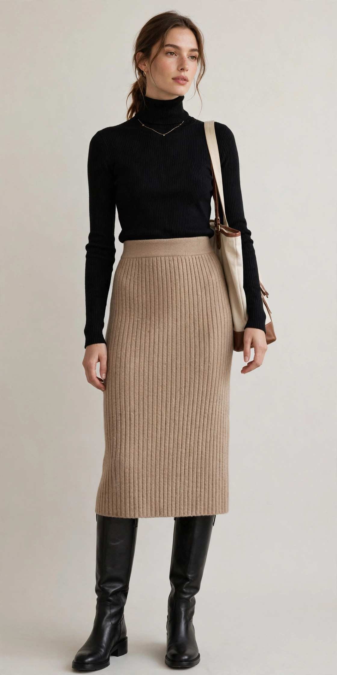 Ribbed midi skirt with turtleneck and knee-high boots