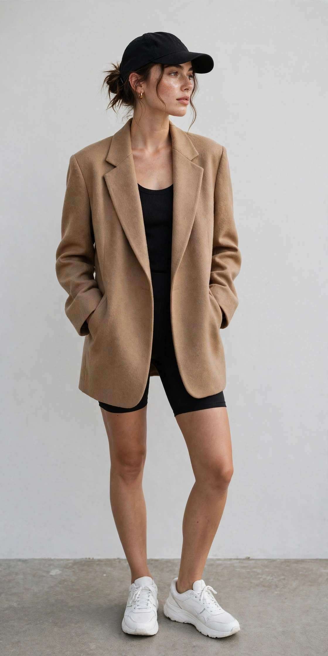 Oversized blazer with bike shorts and baseball cap