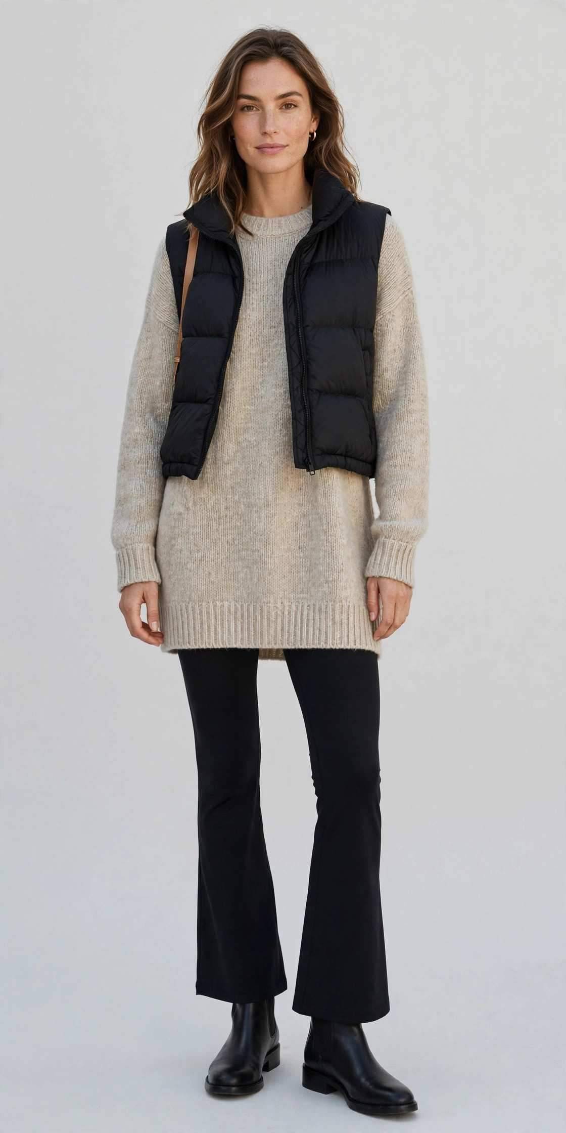 Flare leggings with tunic sweater and puffer vest