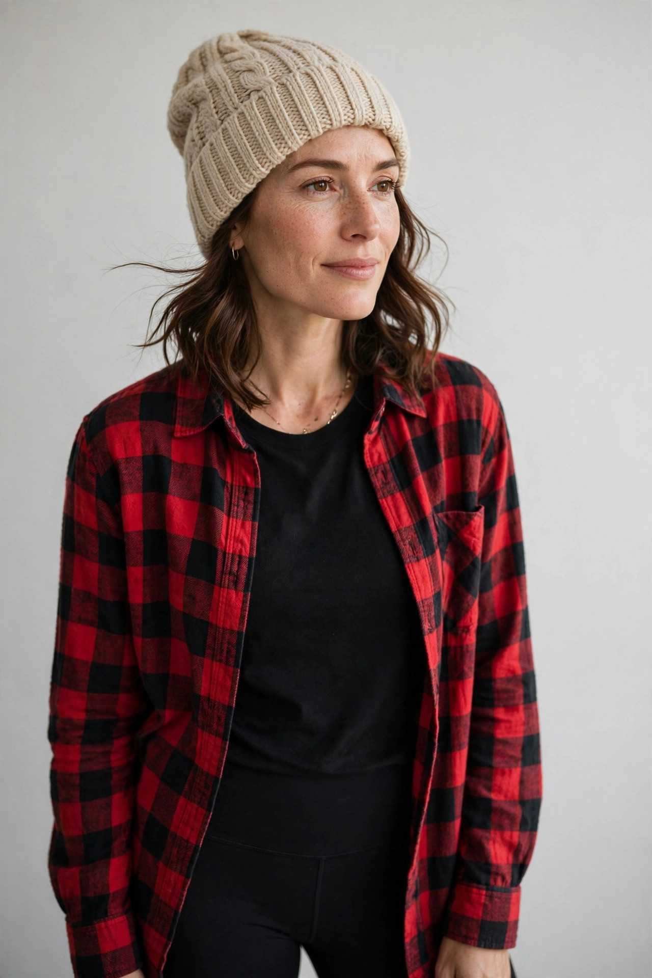 Plaid flannel shirt with black leggings and beanie