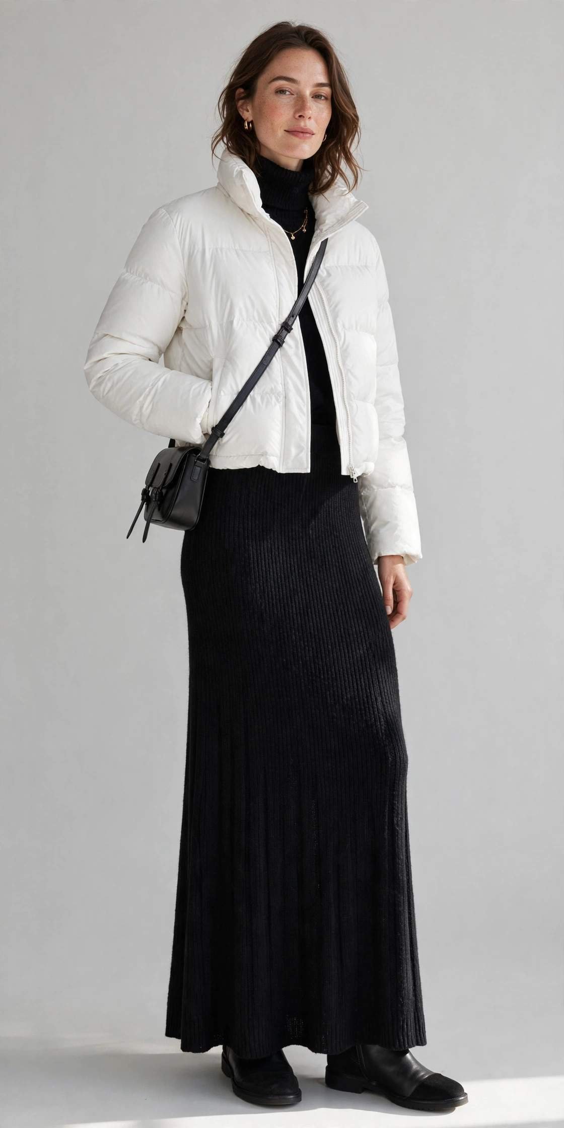 Knit maxi skirt with cropped puffer jacket