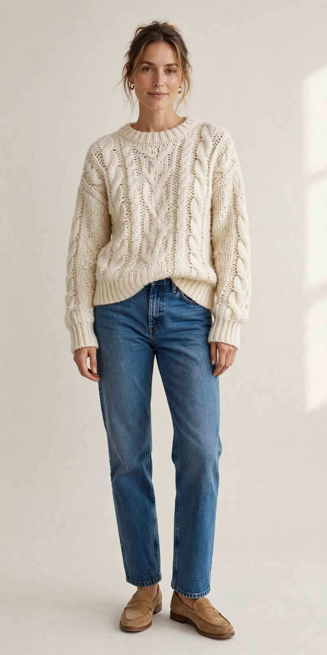 Straight-leg jeans with chunky knit sweater and loafers