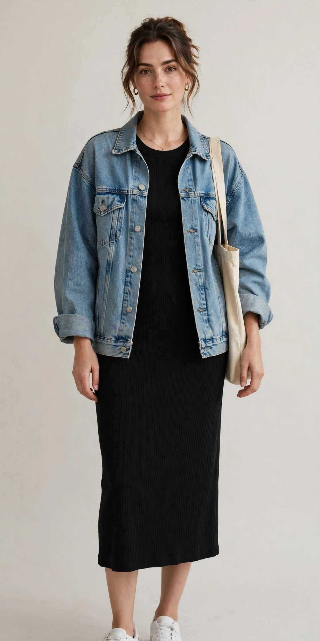 Black midi dress with oversized denim jacket