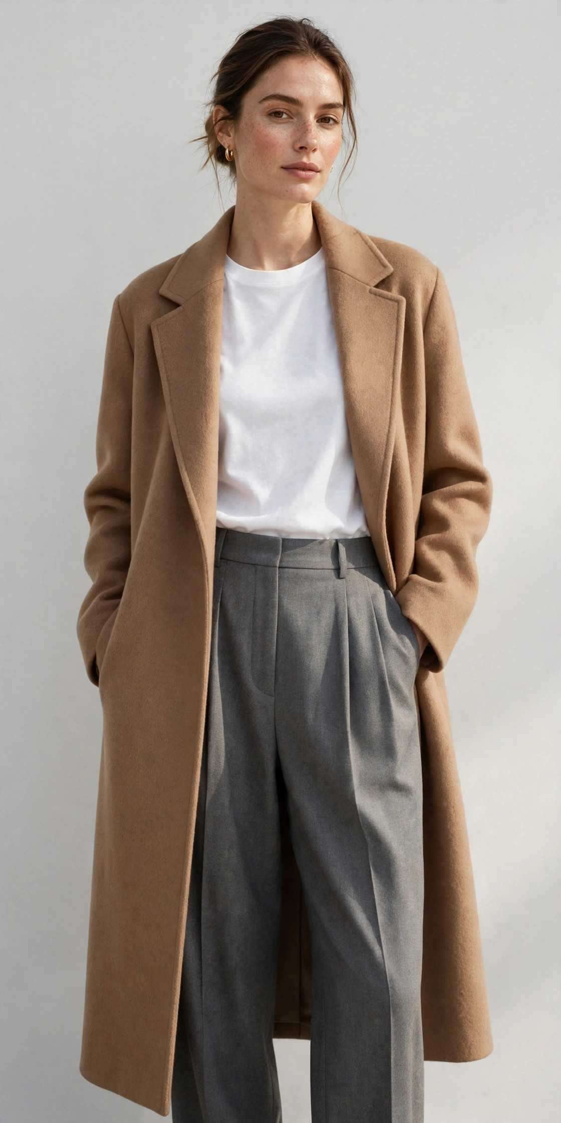 Pleated trousers with white tee and long wool coat