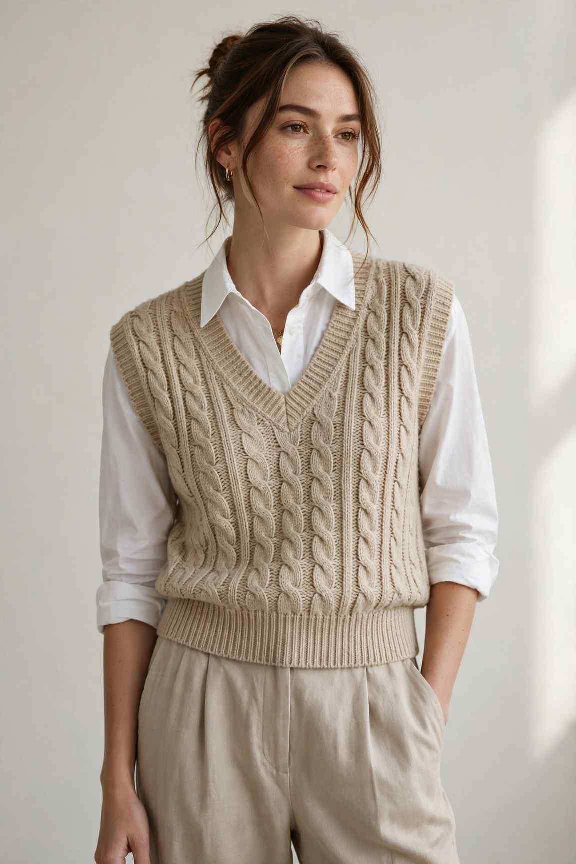 Sweater vest over collared shirt with relaxed trousers