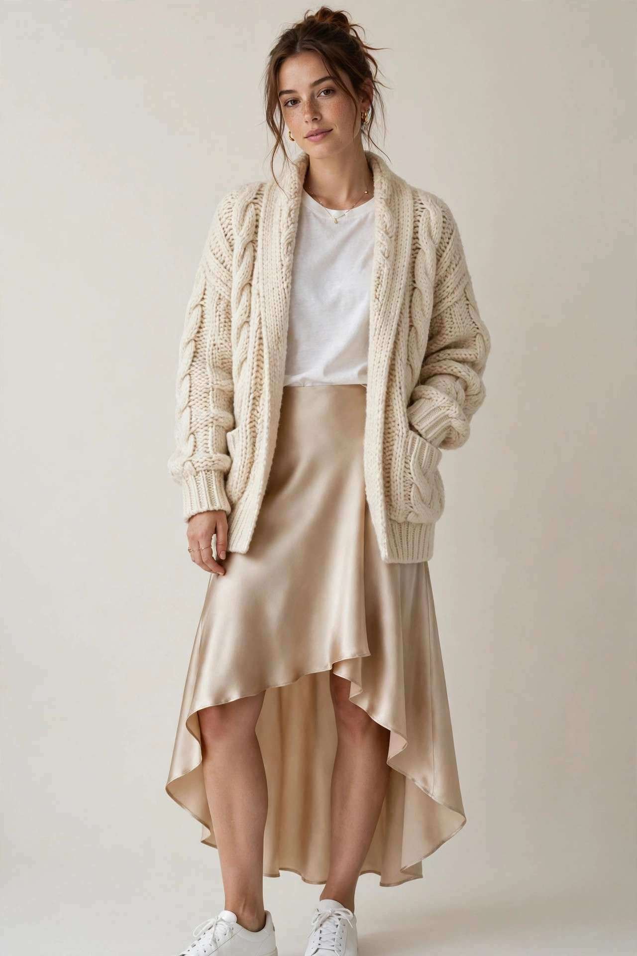 Satin slip skirt with chunky cardigan and sneakers
