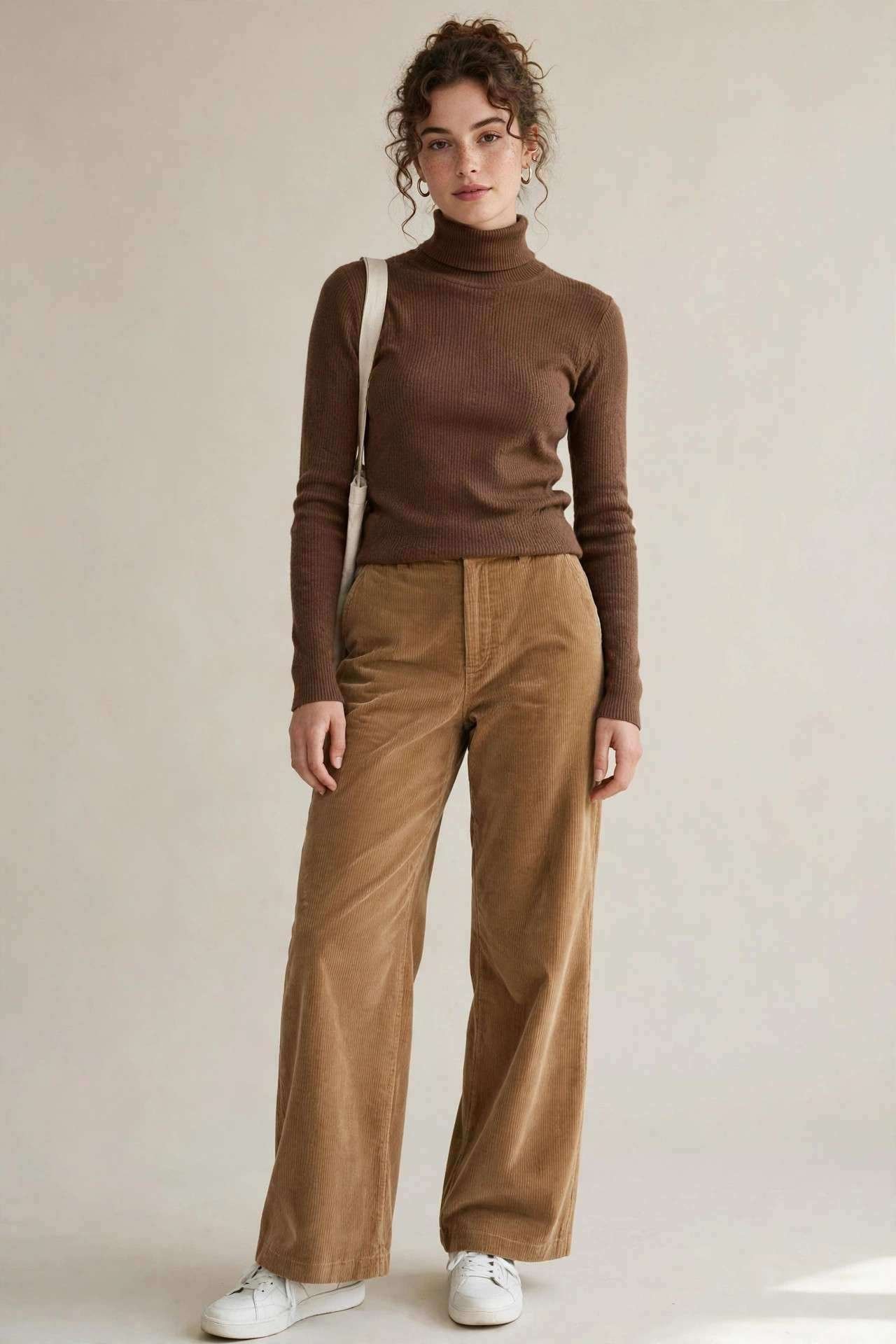 Corduroy pants with turtleneck and sneakers