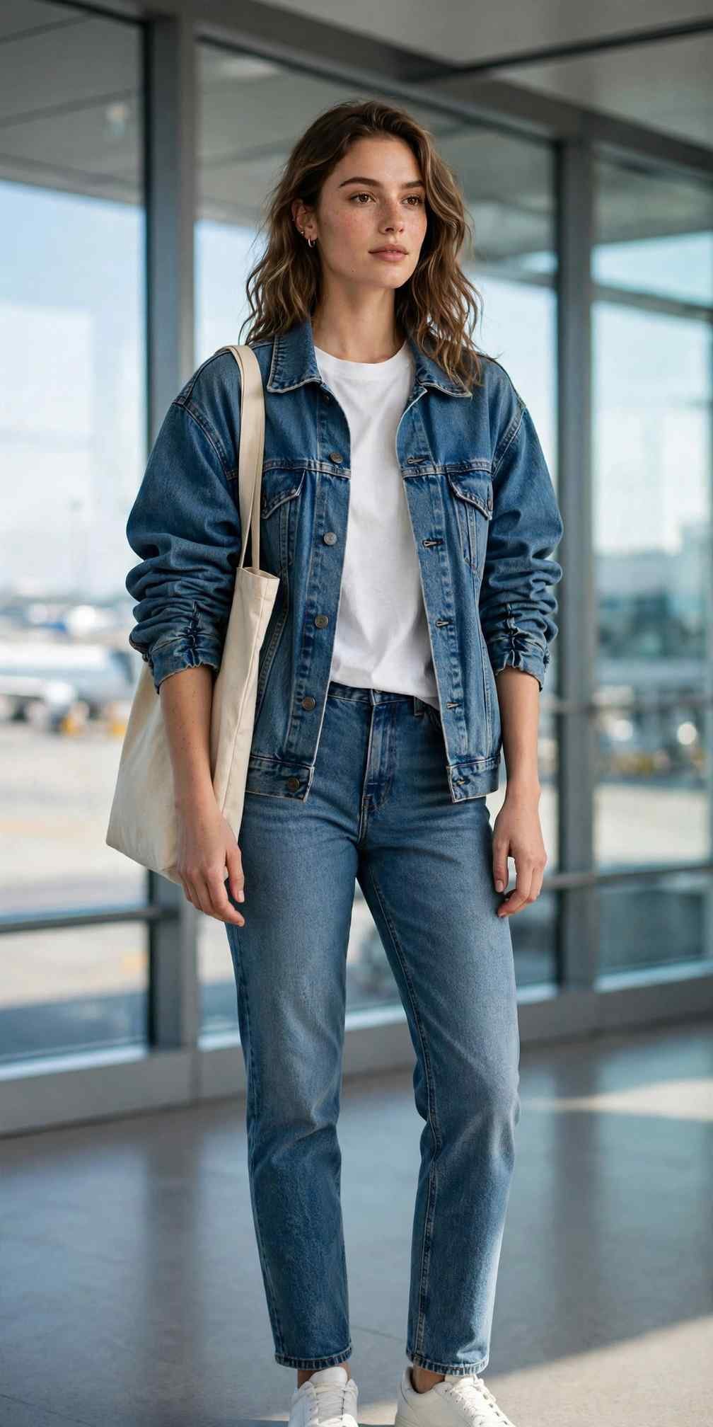 Woman wearing jeans white tee and denim jacket casual travel look