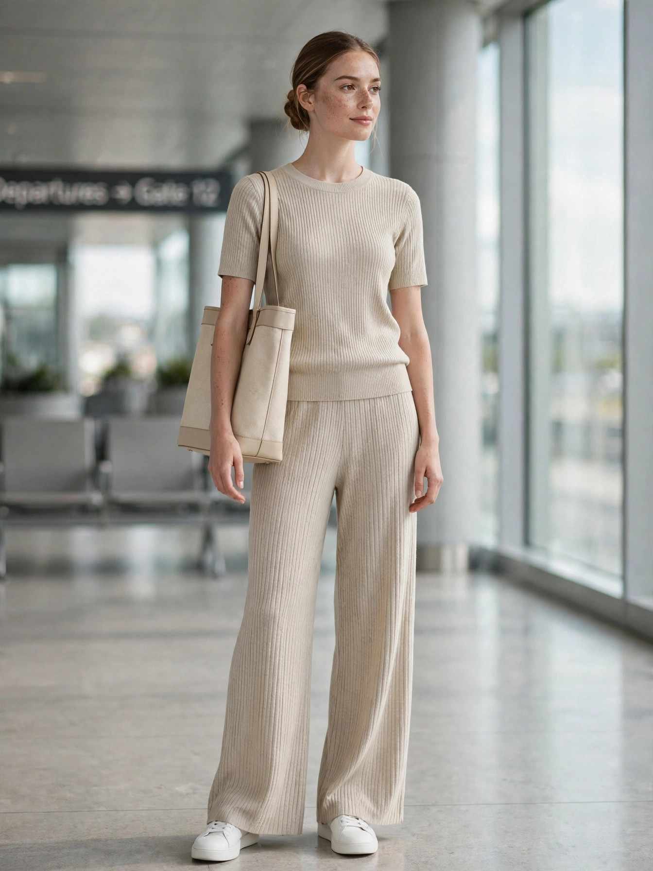 Woman in matching beige knit set comfortable airport outfit
