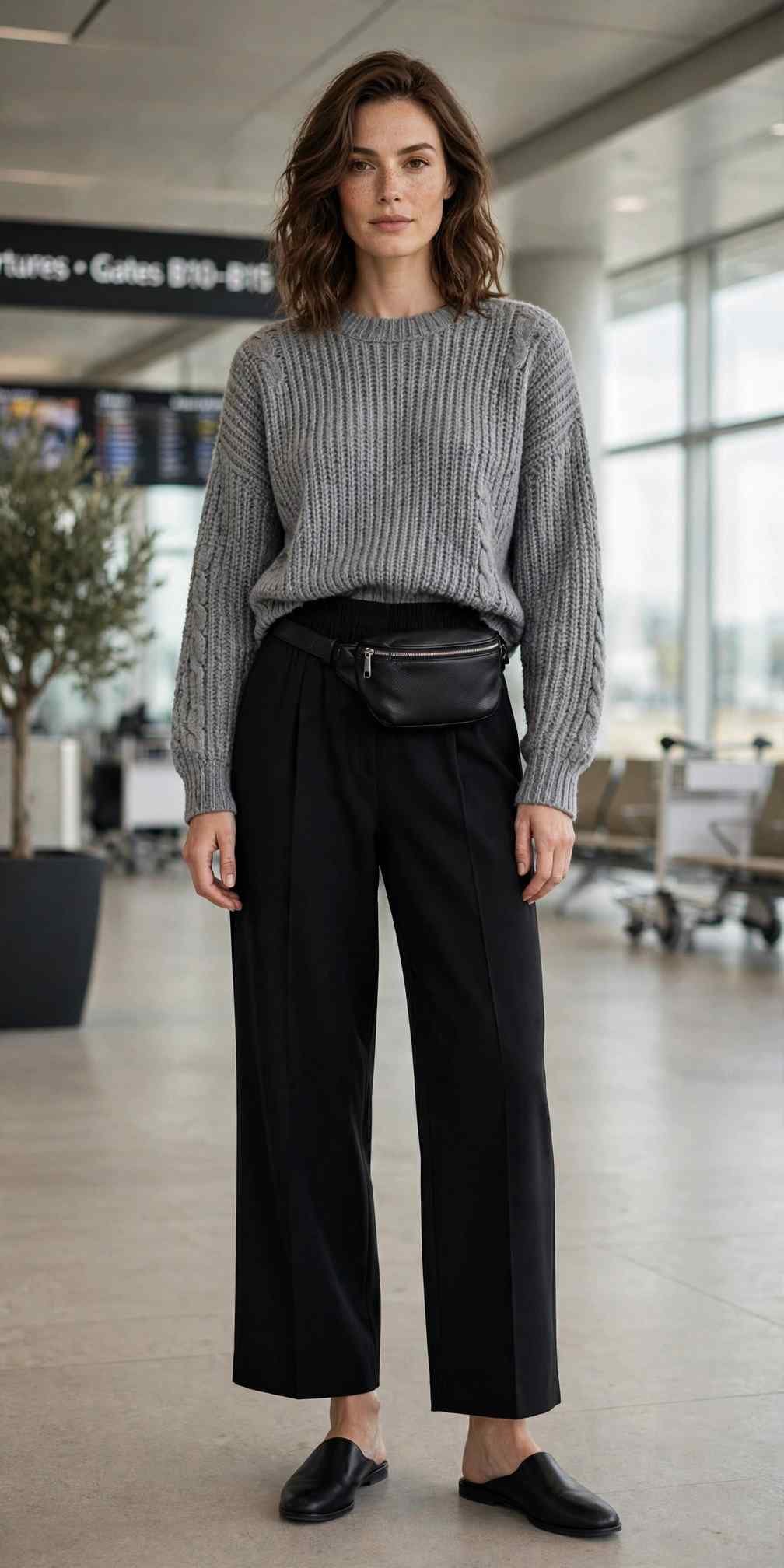 Woman in wide leg trousers and cropped sweater at airport