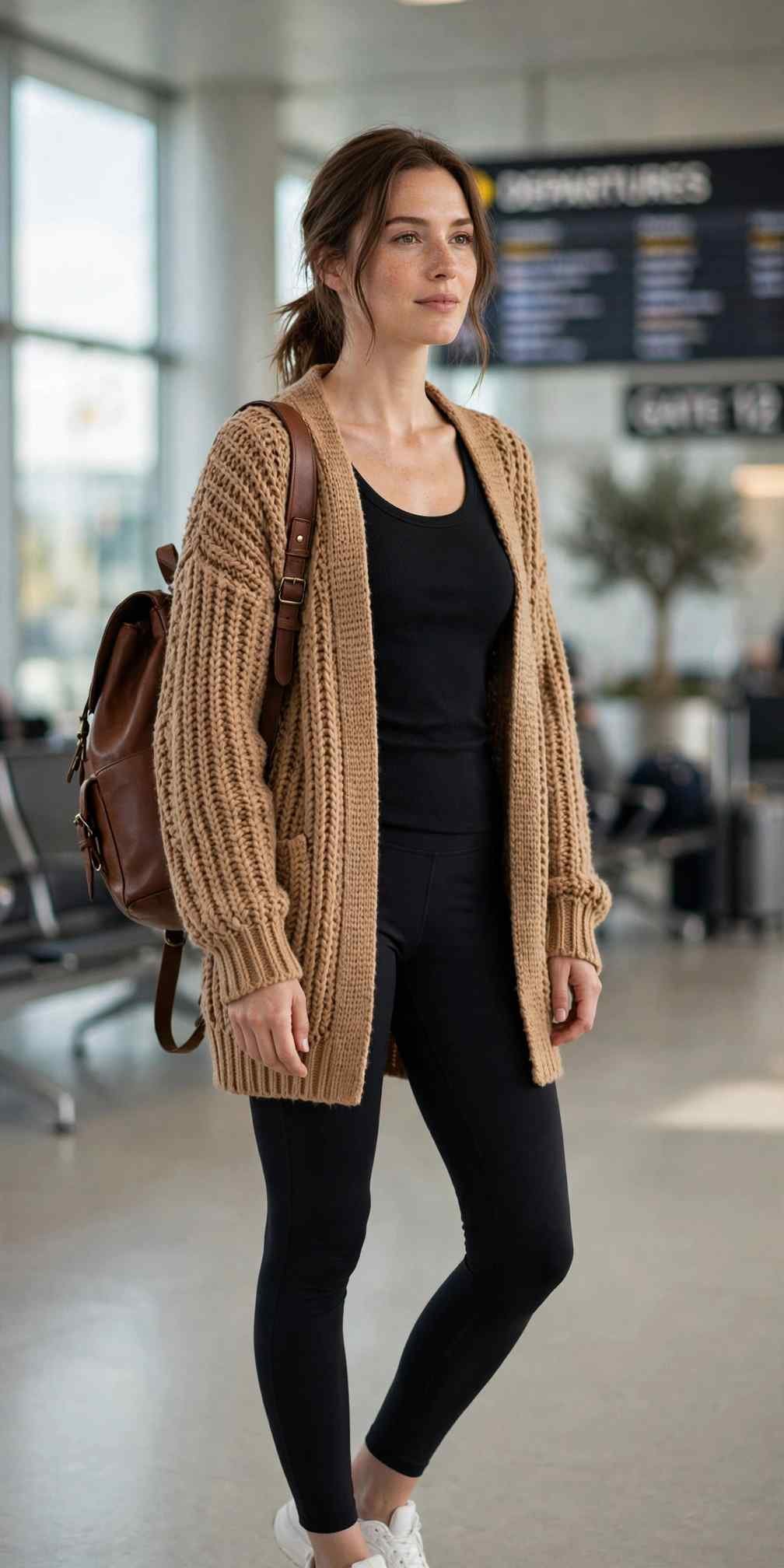Woman in leggings with long cardigan and sneakers travel outfit