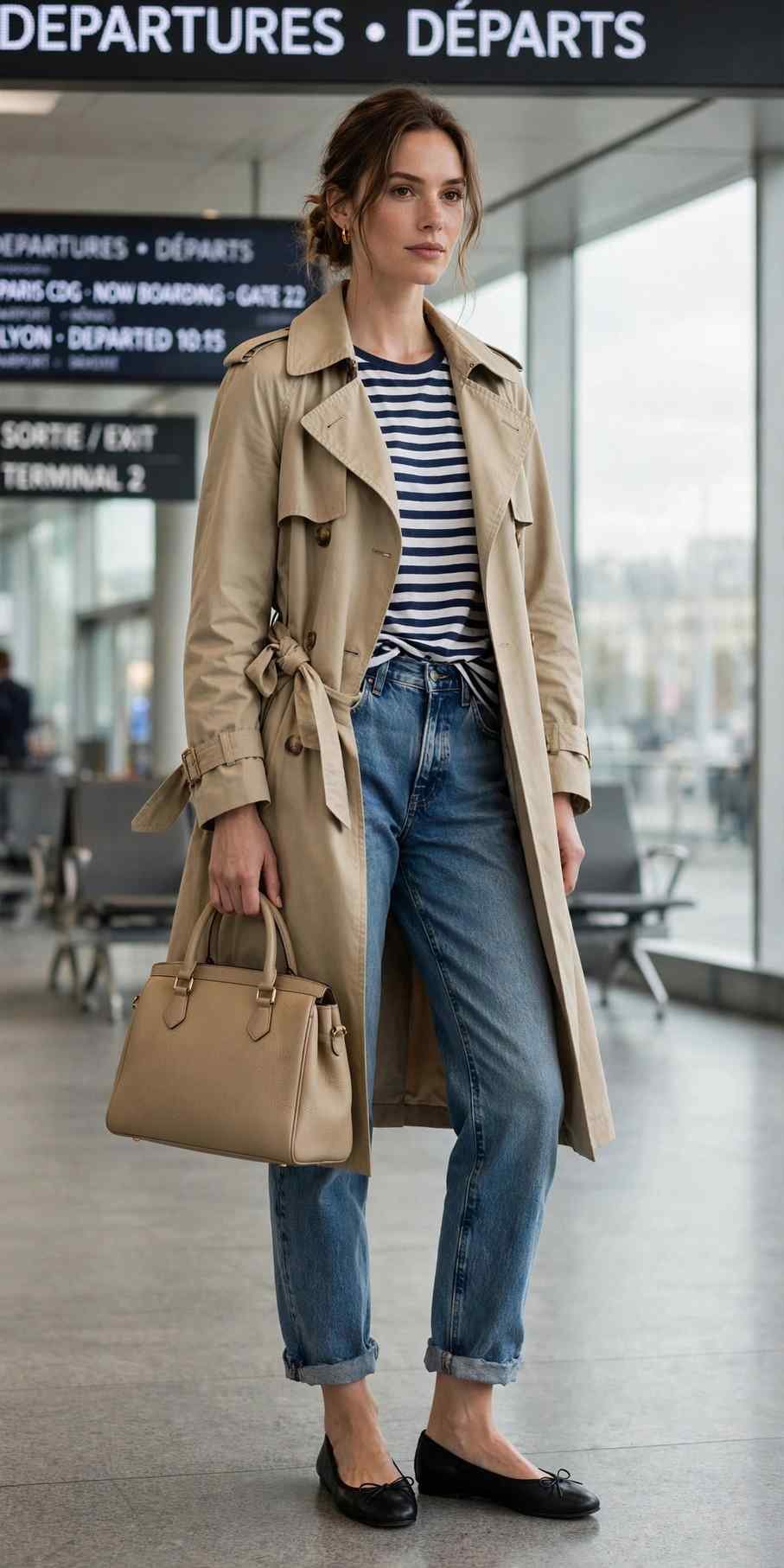 Woman in trench coat jeans and striped top street style