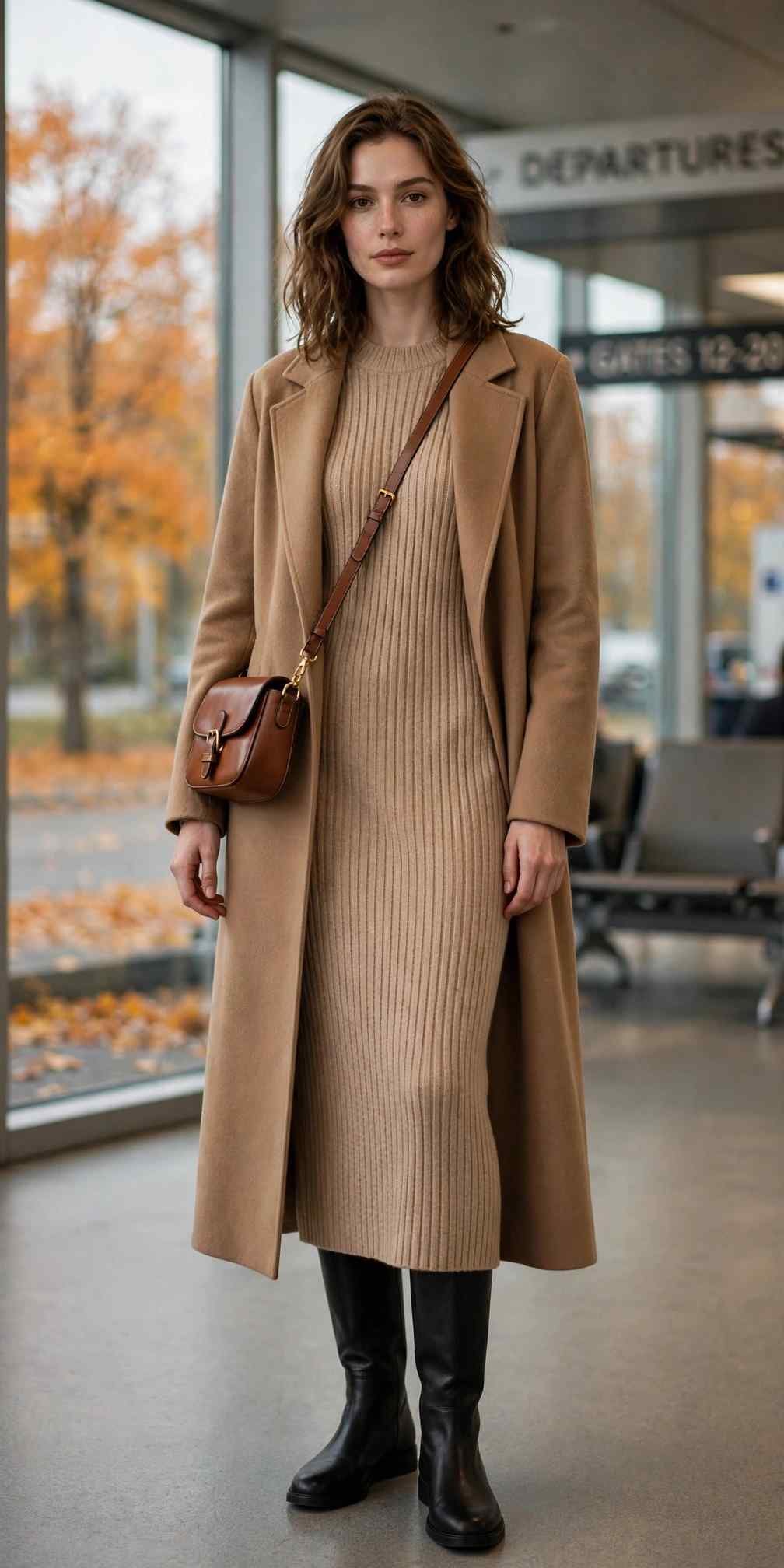 Woman in knit sweater dress with knee high boots autumn travel