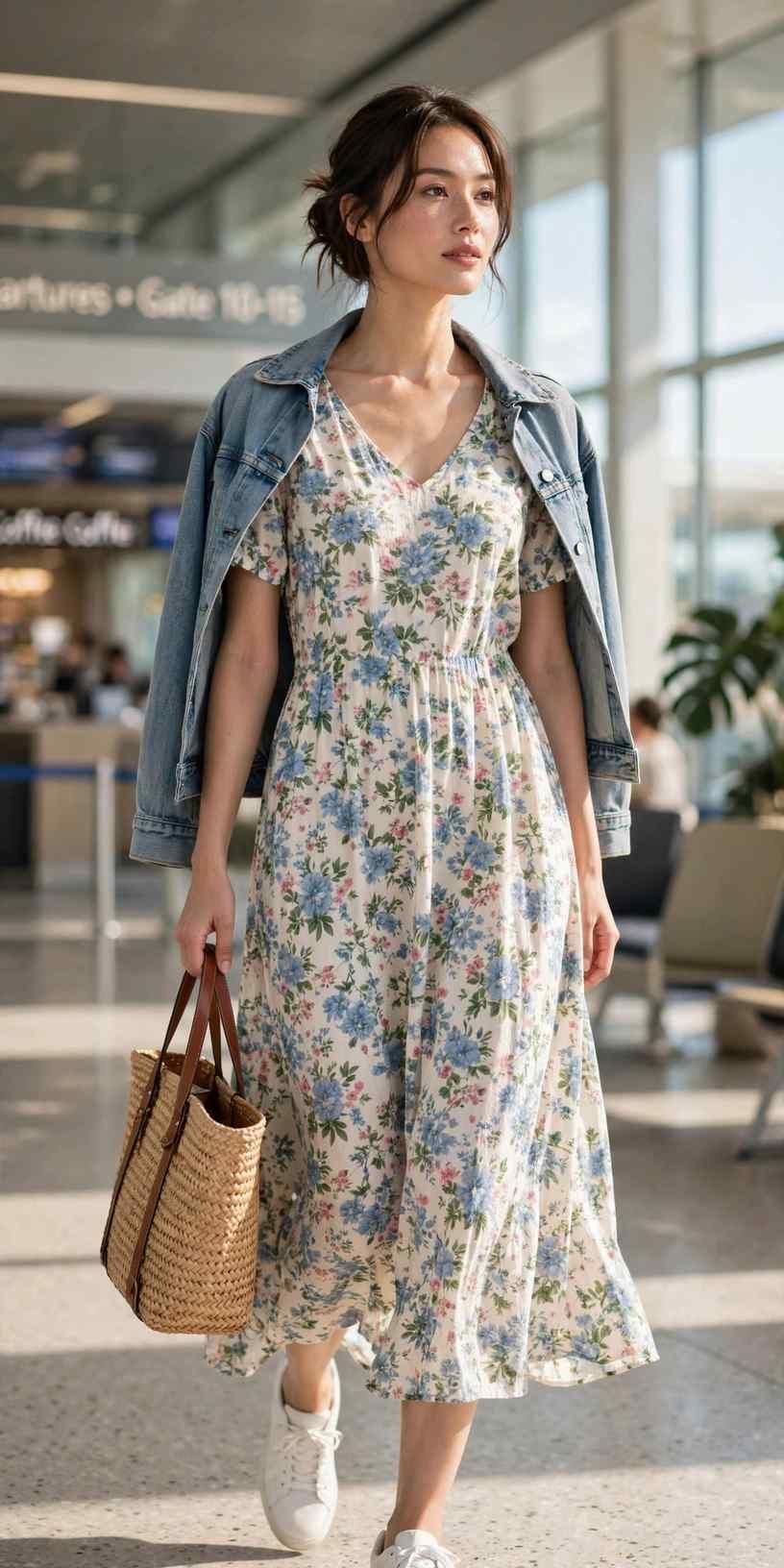 Woman in breezy midi dress with denim jacket summer travel