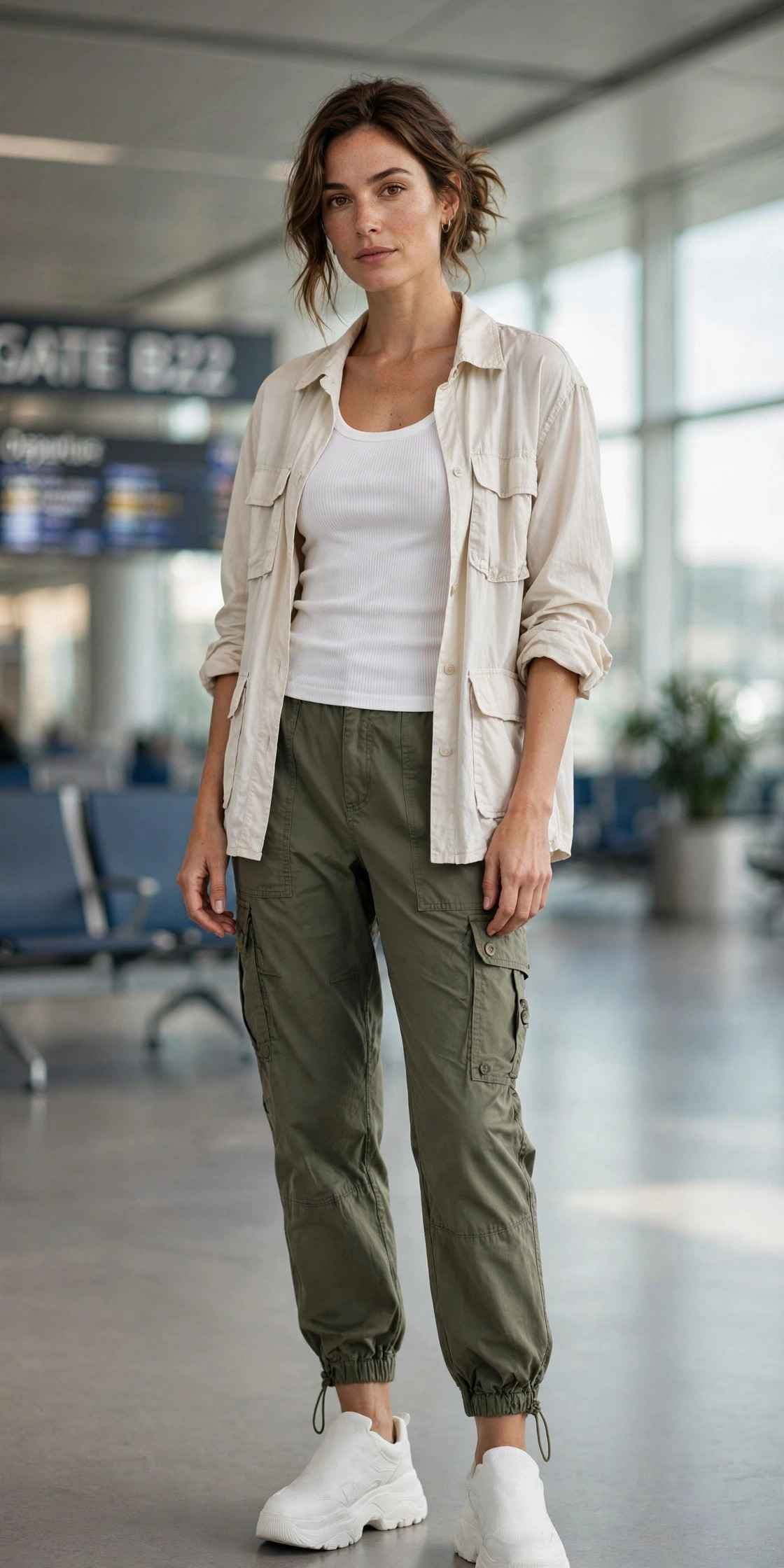 Woman in cargo pants and fitted tank streetwear travel outfit