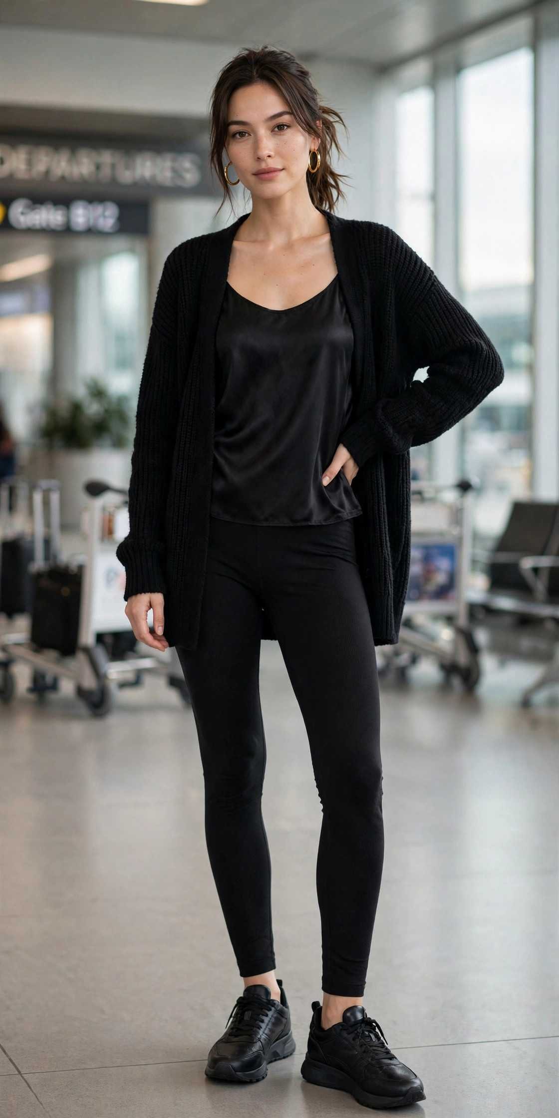 Woman in all black travel outfit at airport