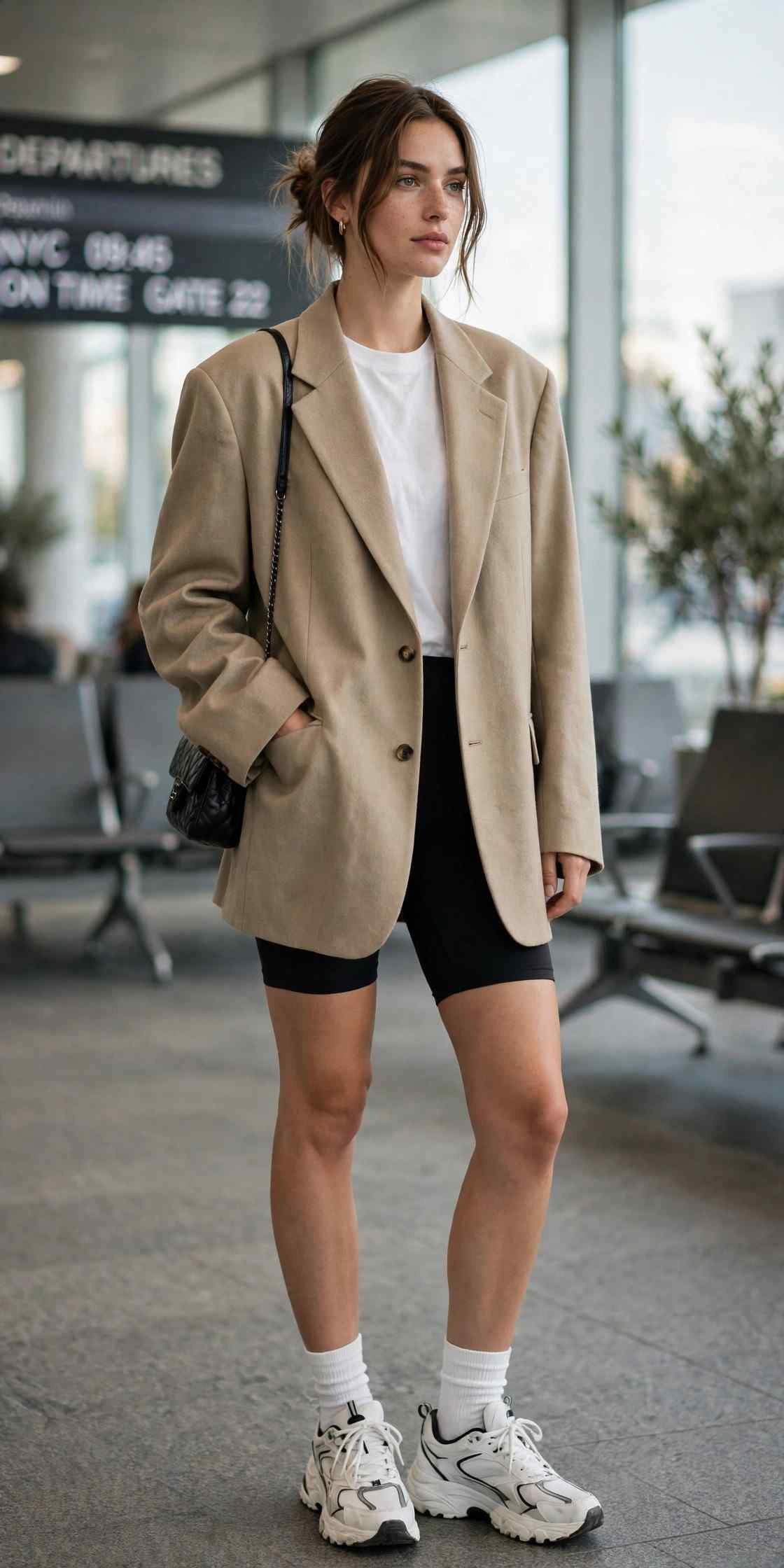 Woman in oversized blazer with casual streetwear airport look