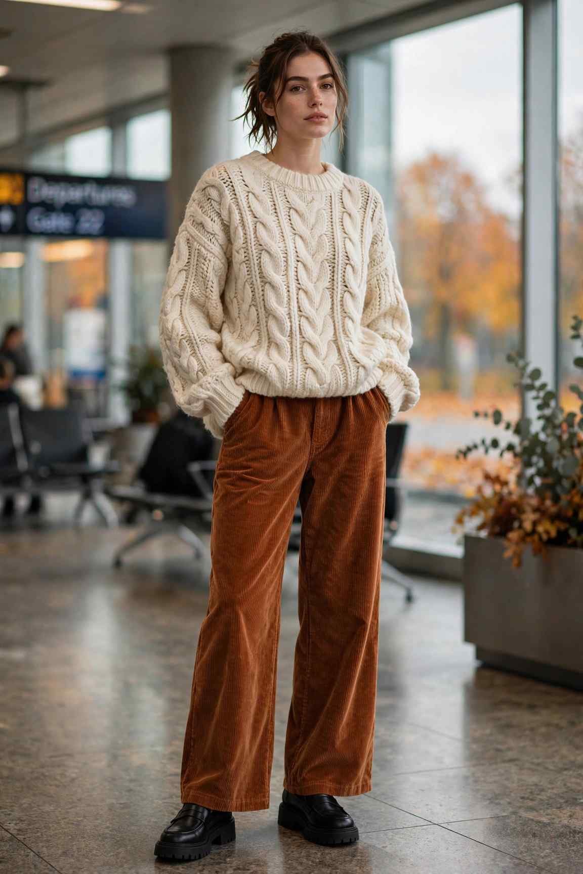 Woman in corduroy pants and chunky knit sweater fall outfit